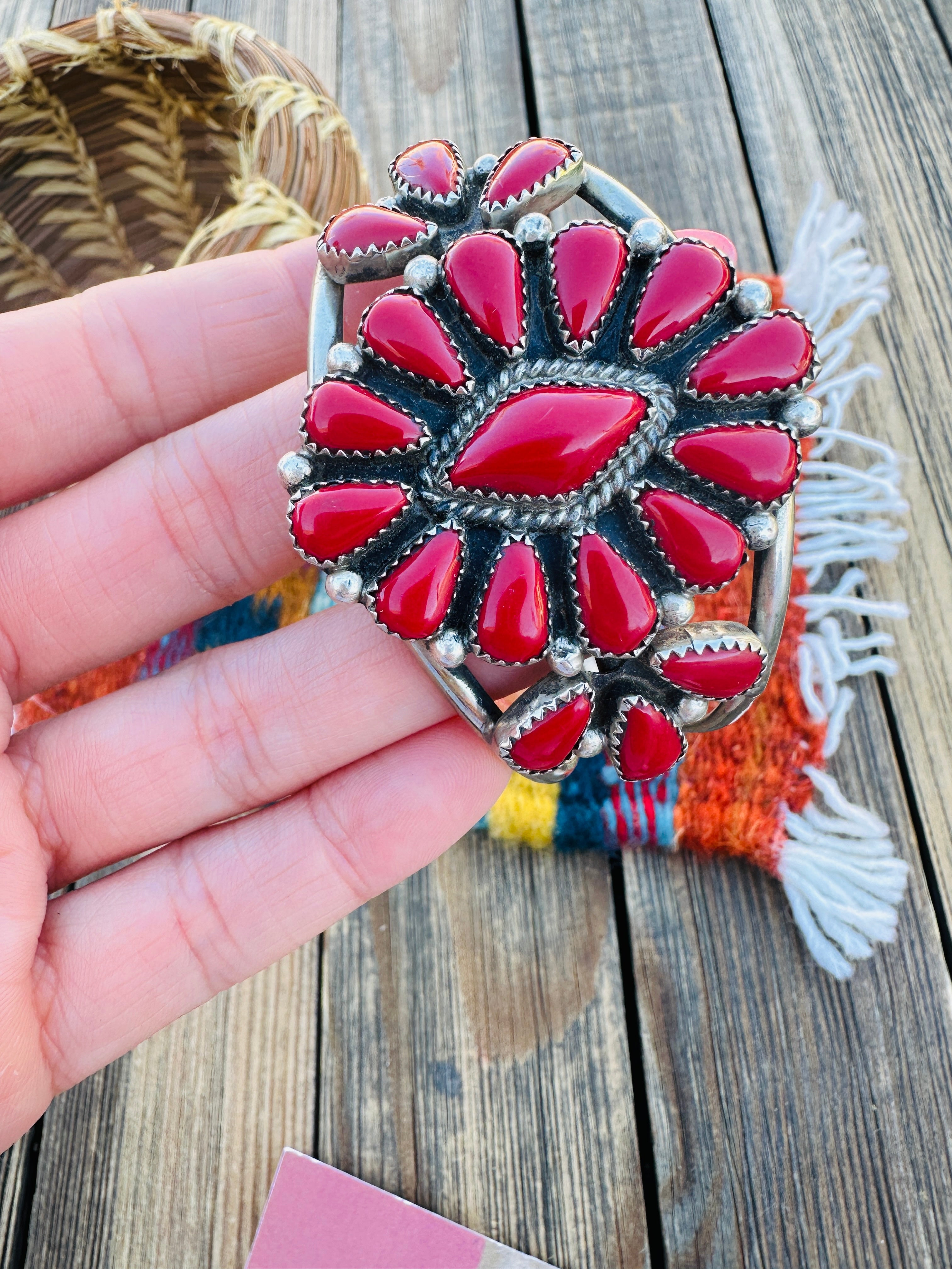 Handcrafted Old Pawn Coral & Sterling Silver Cluster Cuff Bracelet