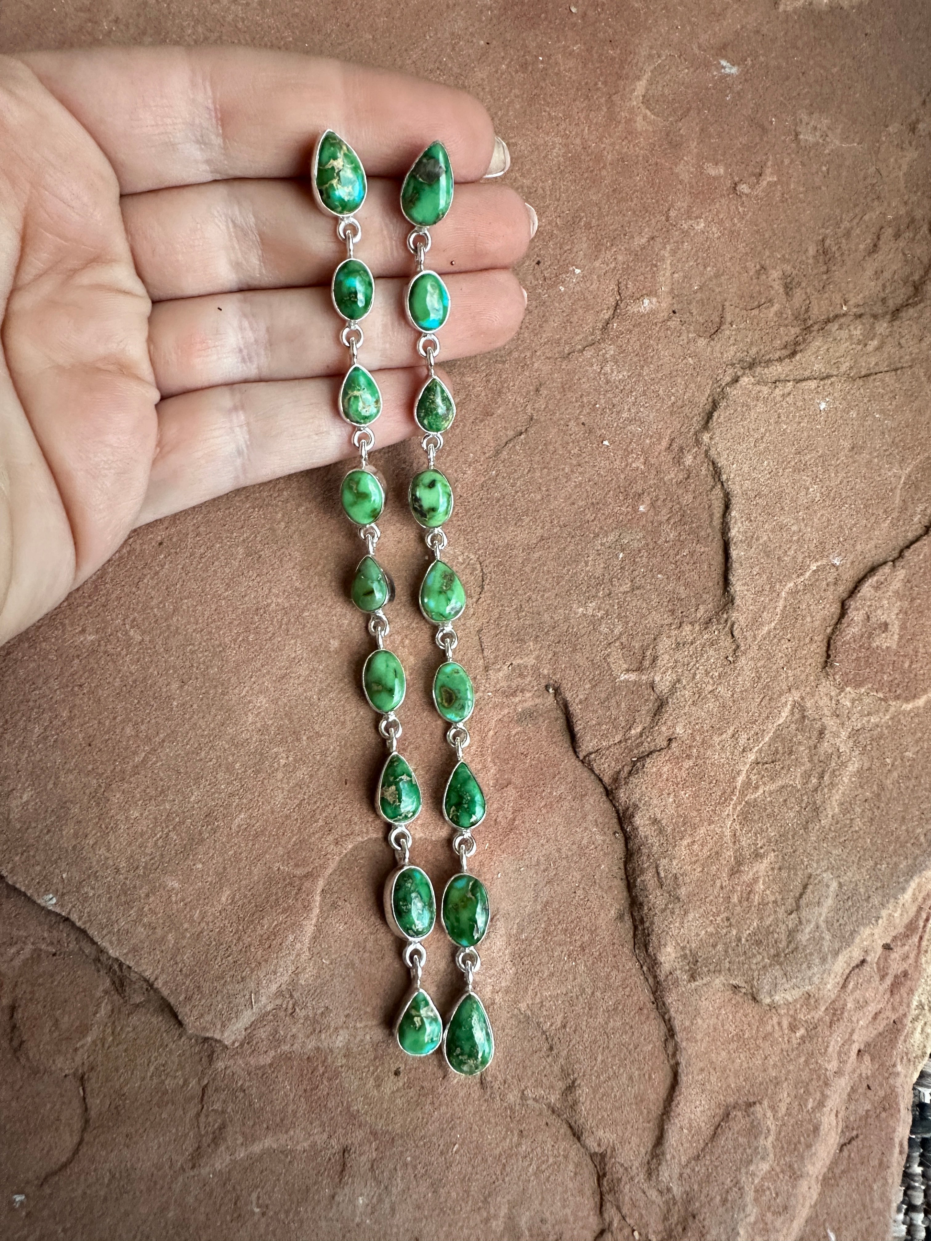 Handmade Sonoran Turquoise & Sterling Silver 9 Stone Drop Dangle Earrings