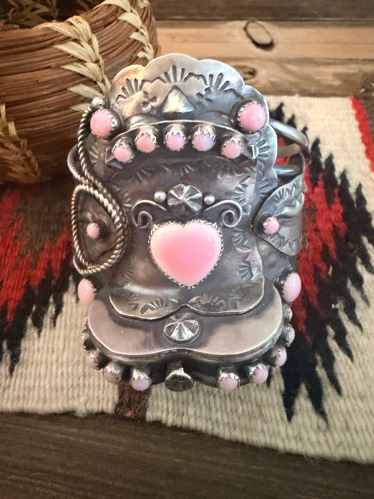 Handcrafted Queen Pink Conch & Sterling Silver Saddle Cuff Bracelet by Tim Yazzie