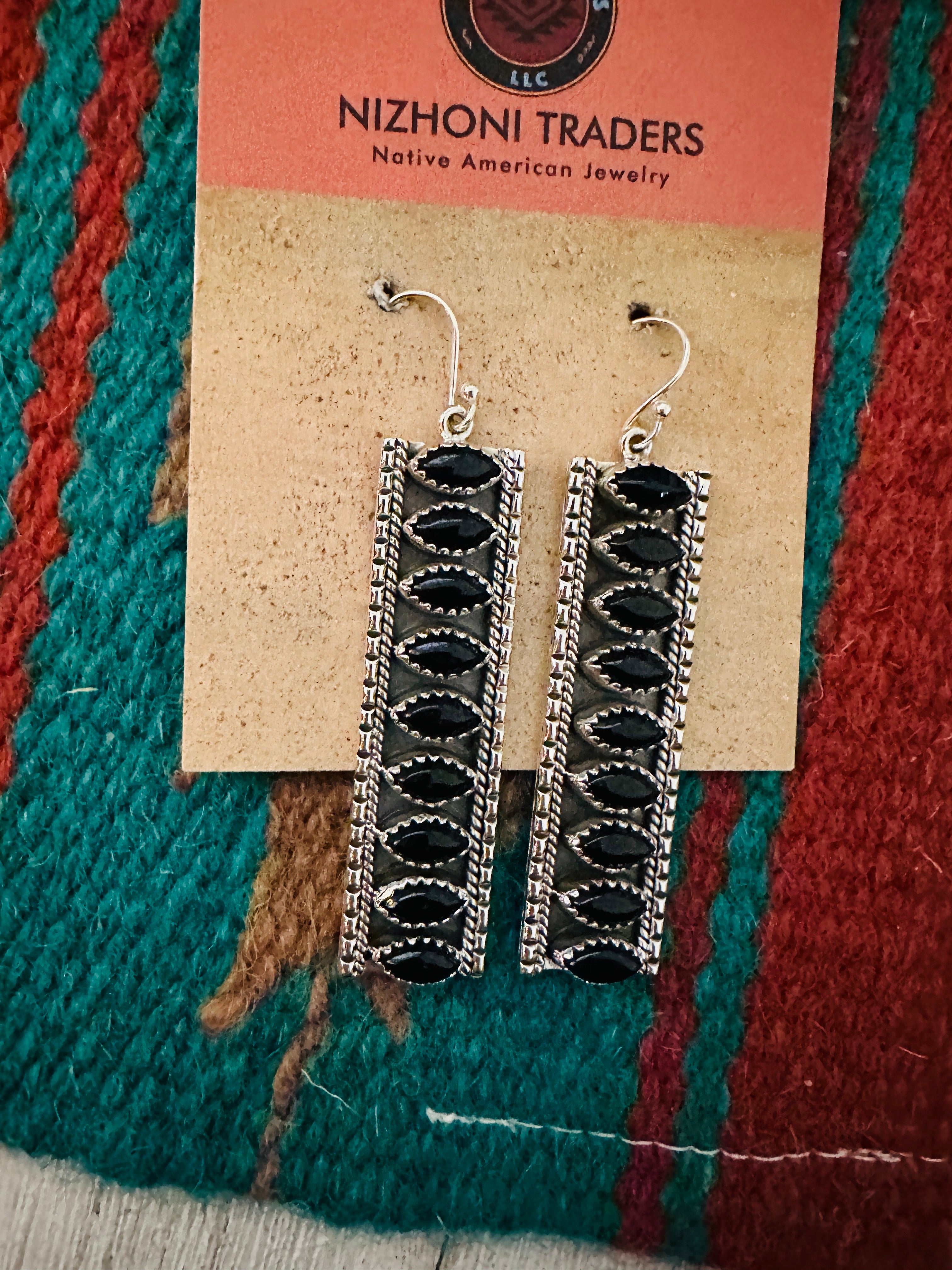 Handmade Onyx & Sterling Silver Dangle Earrings Signed Nizhoni