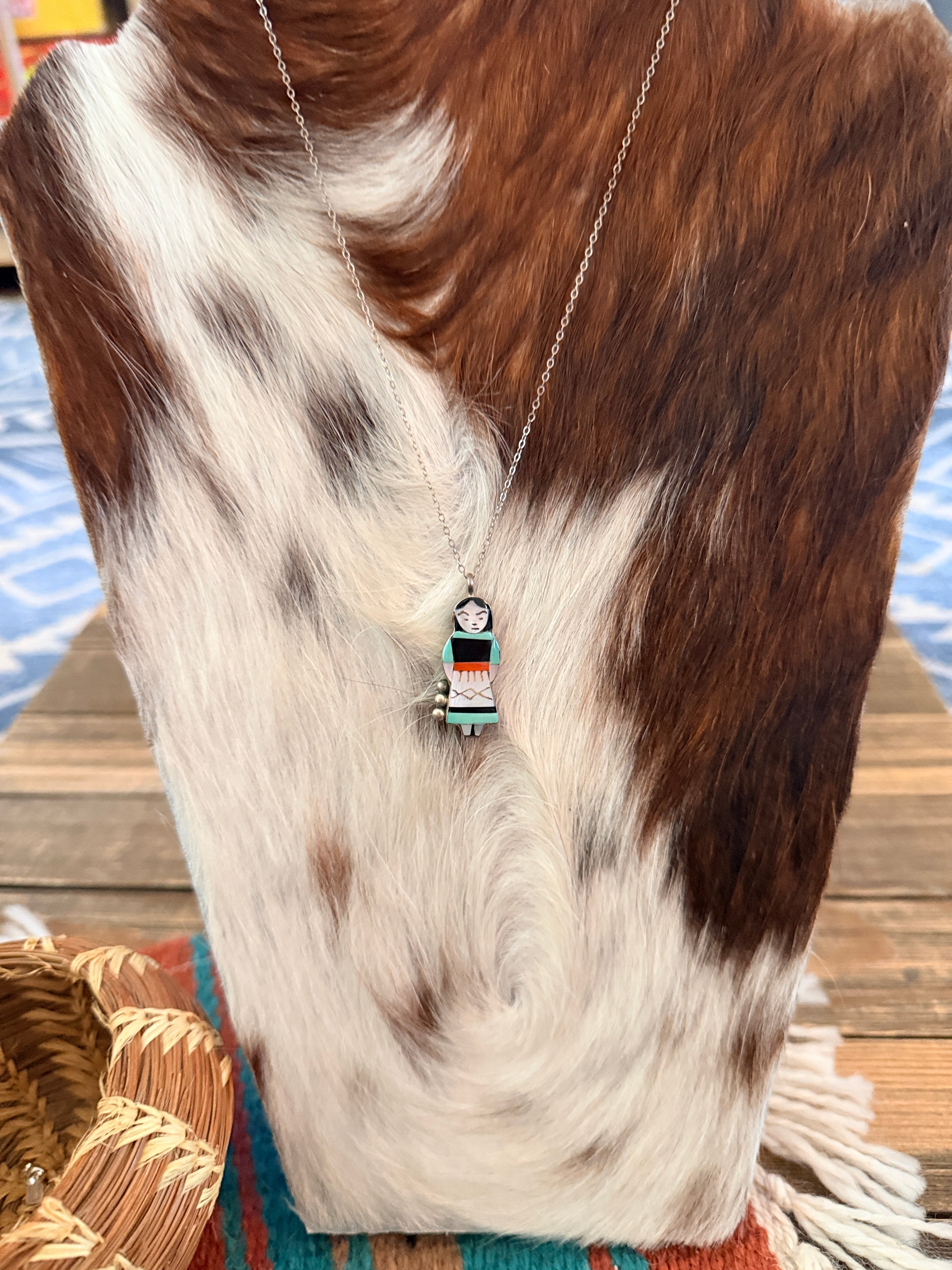 Old Pawn Handcrafted Sterling Silver and Multi Stone Inlay Maiden Girl Necklace