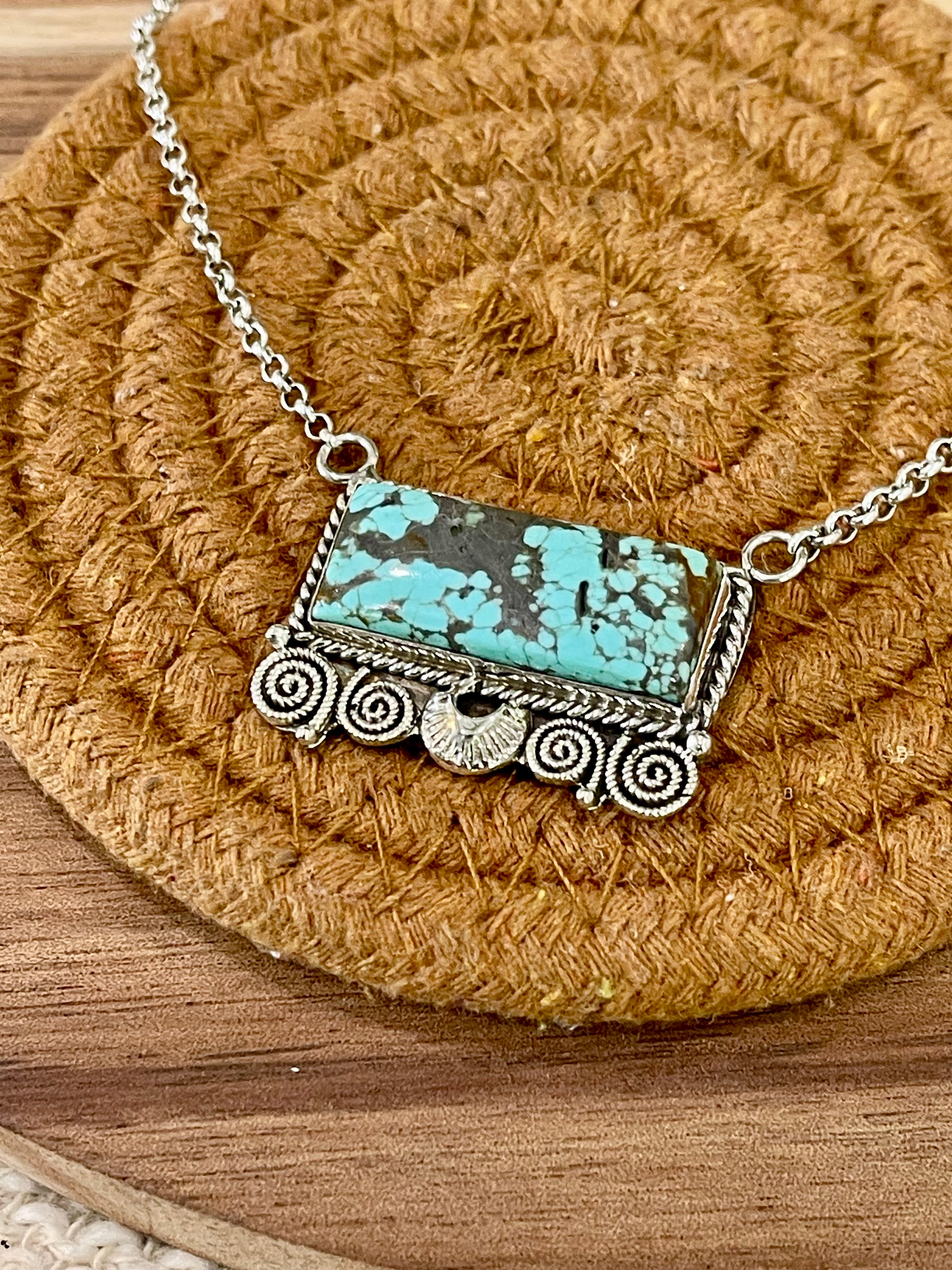 Handmade Sterling Silver Number 8 Turquoise Bar Necklace with Signed Nizhoni