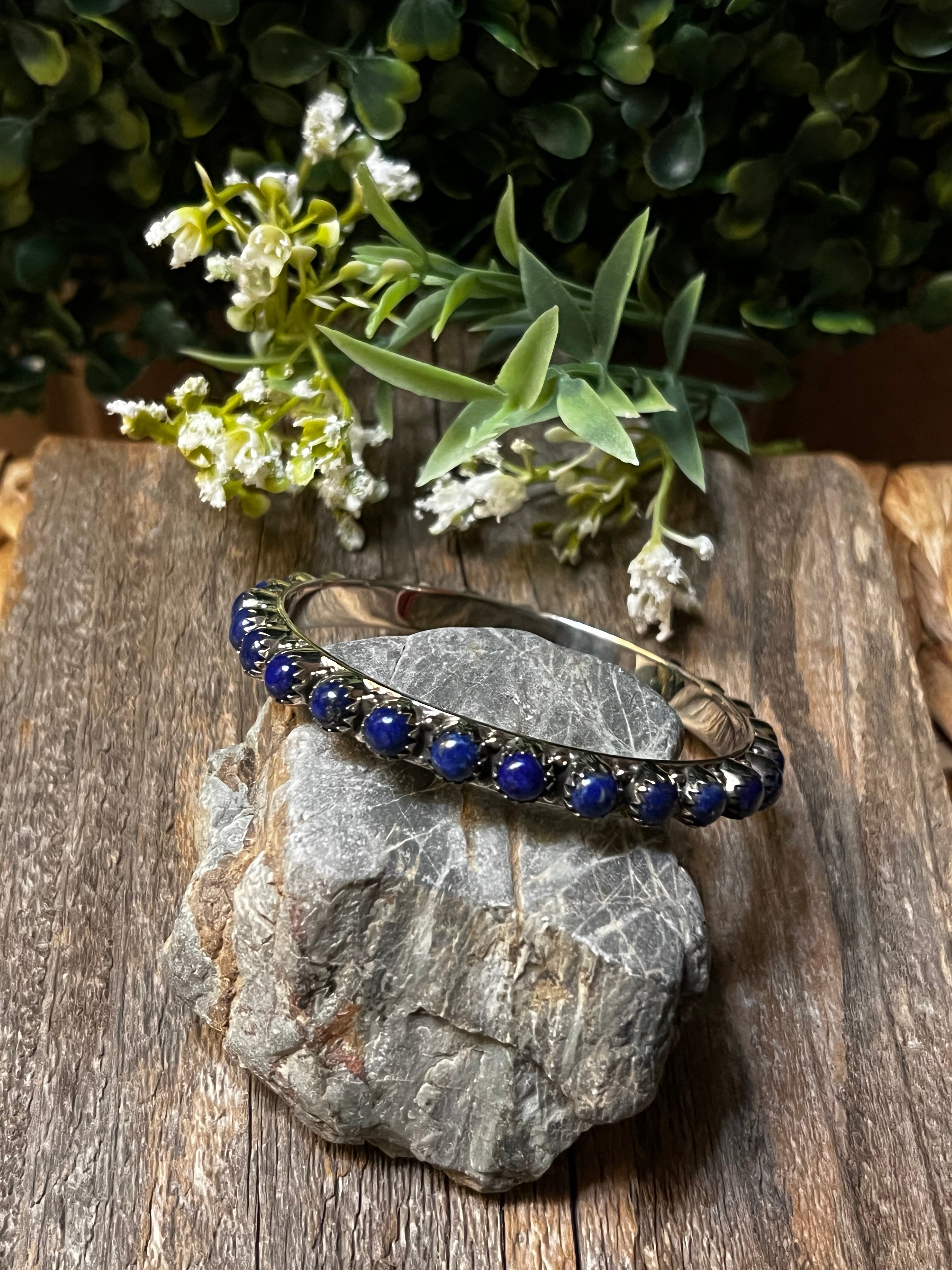 Handmade Lapis & Sterling Silver Custom Bangles 7 1/2”
