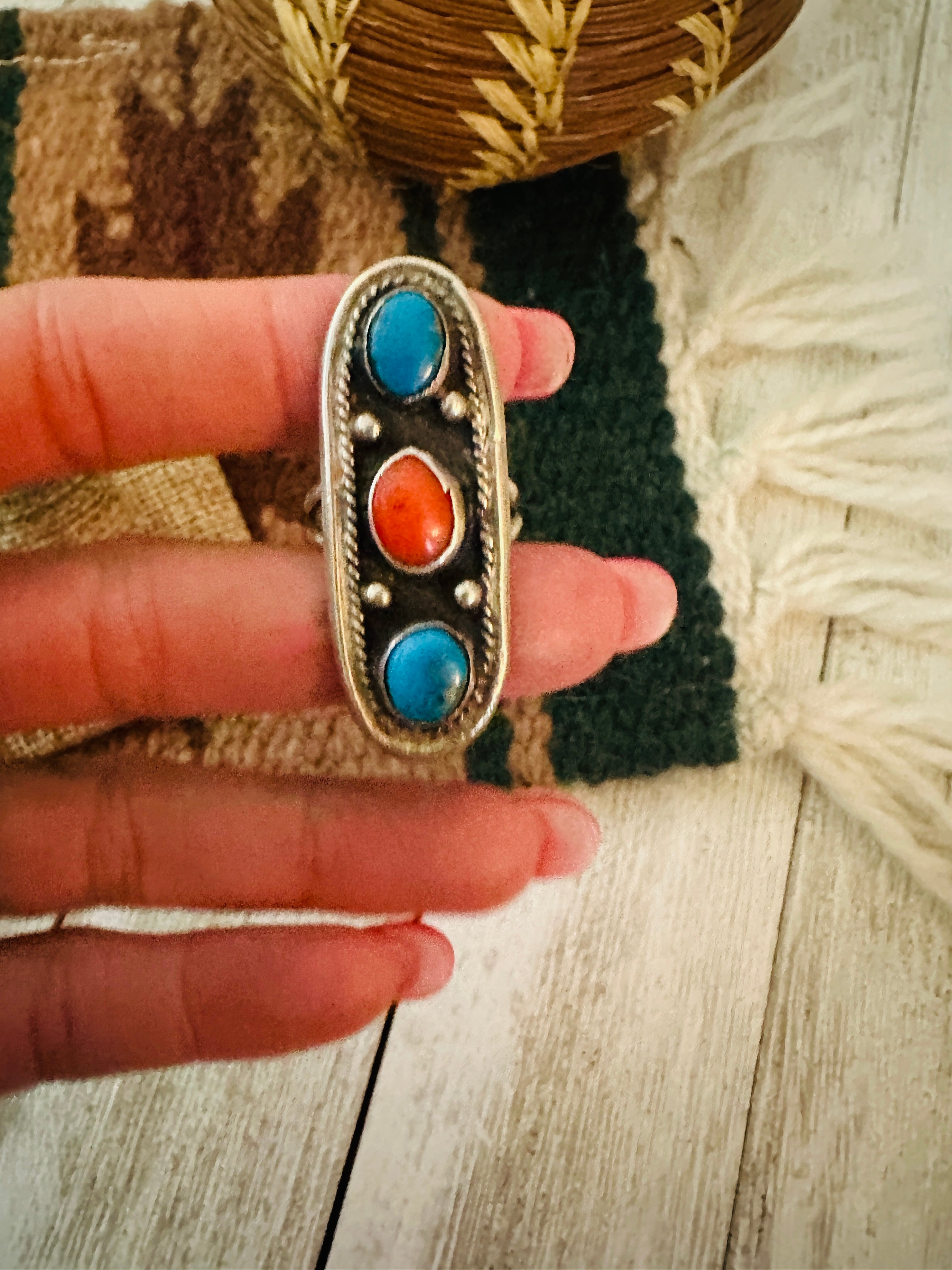 Handcrafted Old Pawn Turquoise, Coral and Sterling Silver Ring Size 8