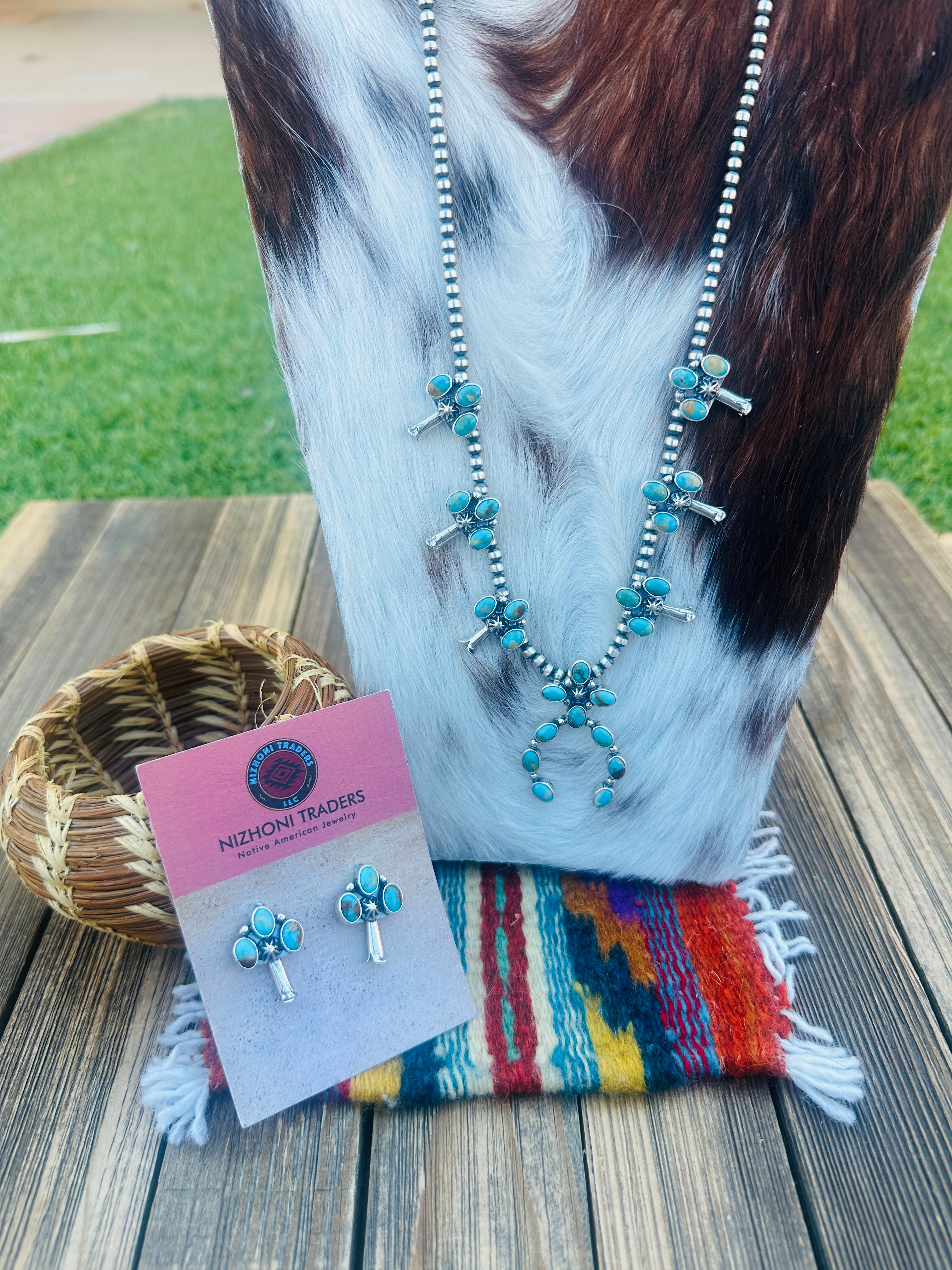 Handcrafted Sterling Silver & Turquoise Squash Blossom Necklace Set