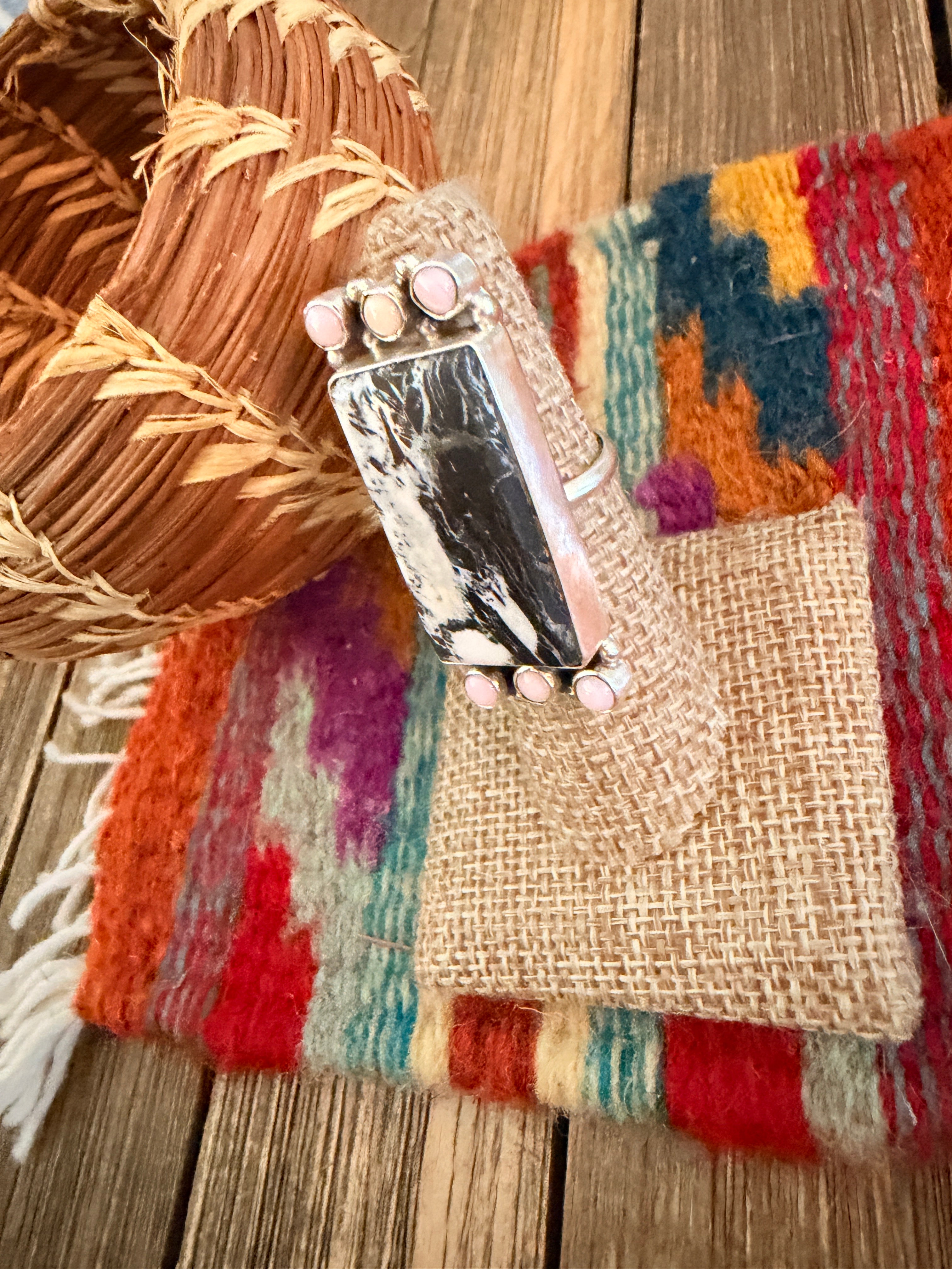Handcrafted White Buffalo & Queen Pink Conch & Sterling Silver Adjustable Ring