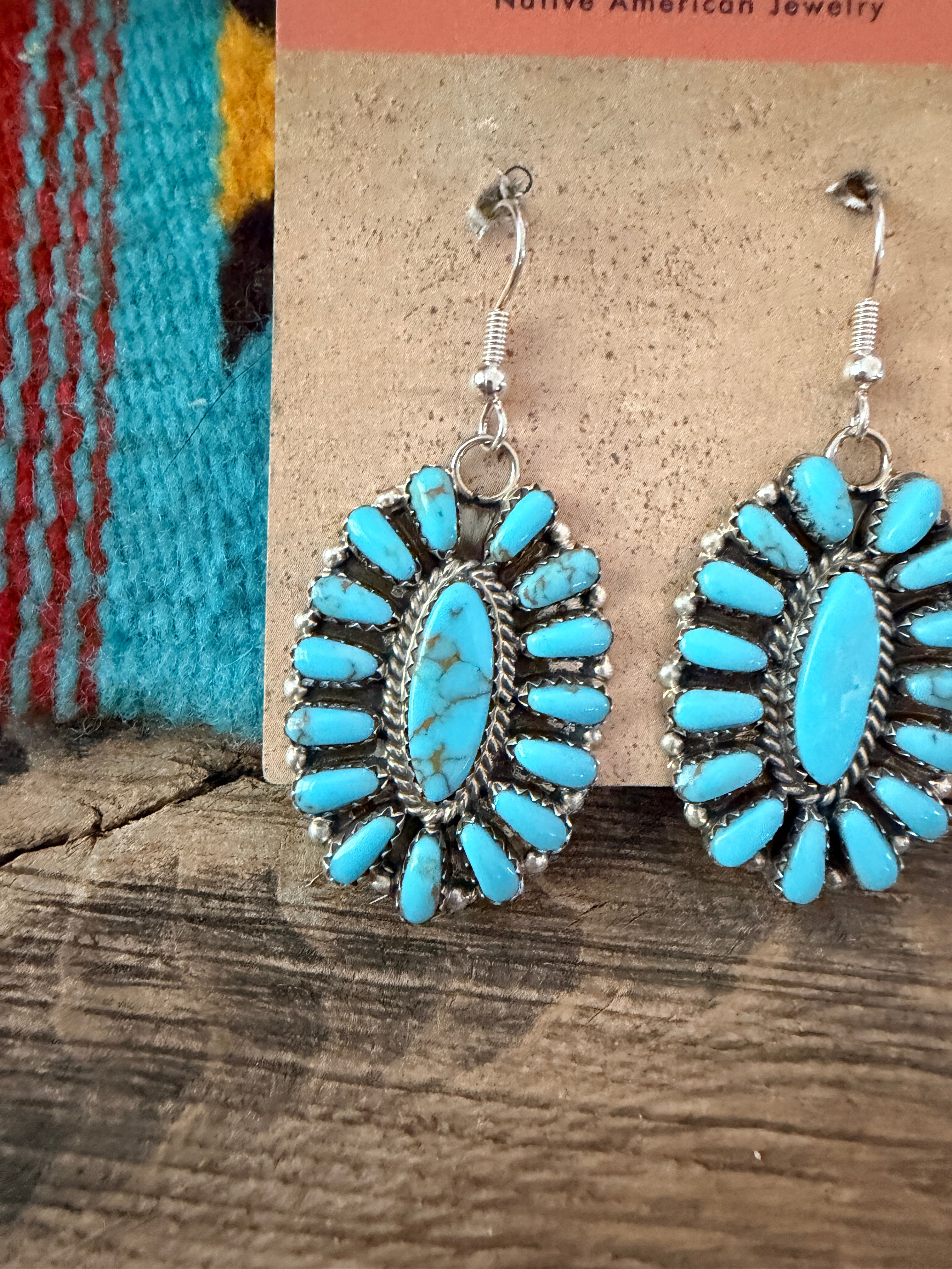 Old Pawn Handcrafted Sterling Silver & Turquoise Cluster Dangle Earrings