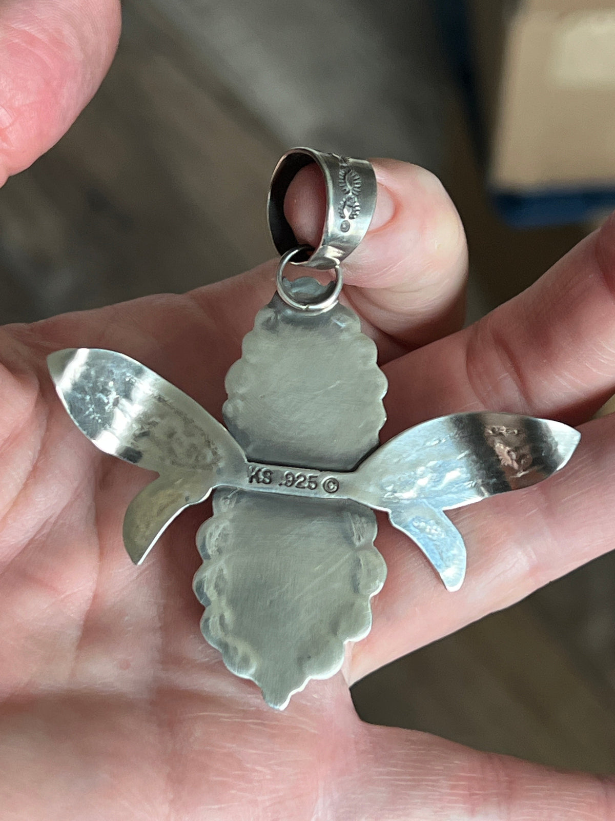 Kimari Somers Hand Stamped Sterling Silver and Turquoise Winged Bug Pendant