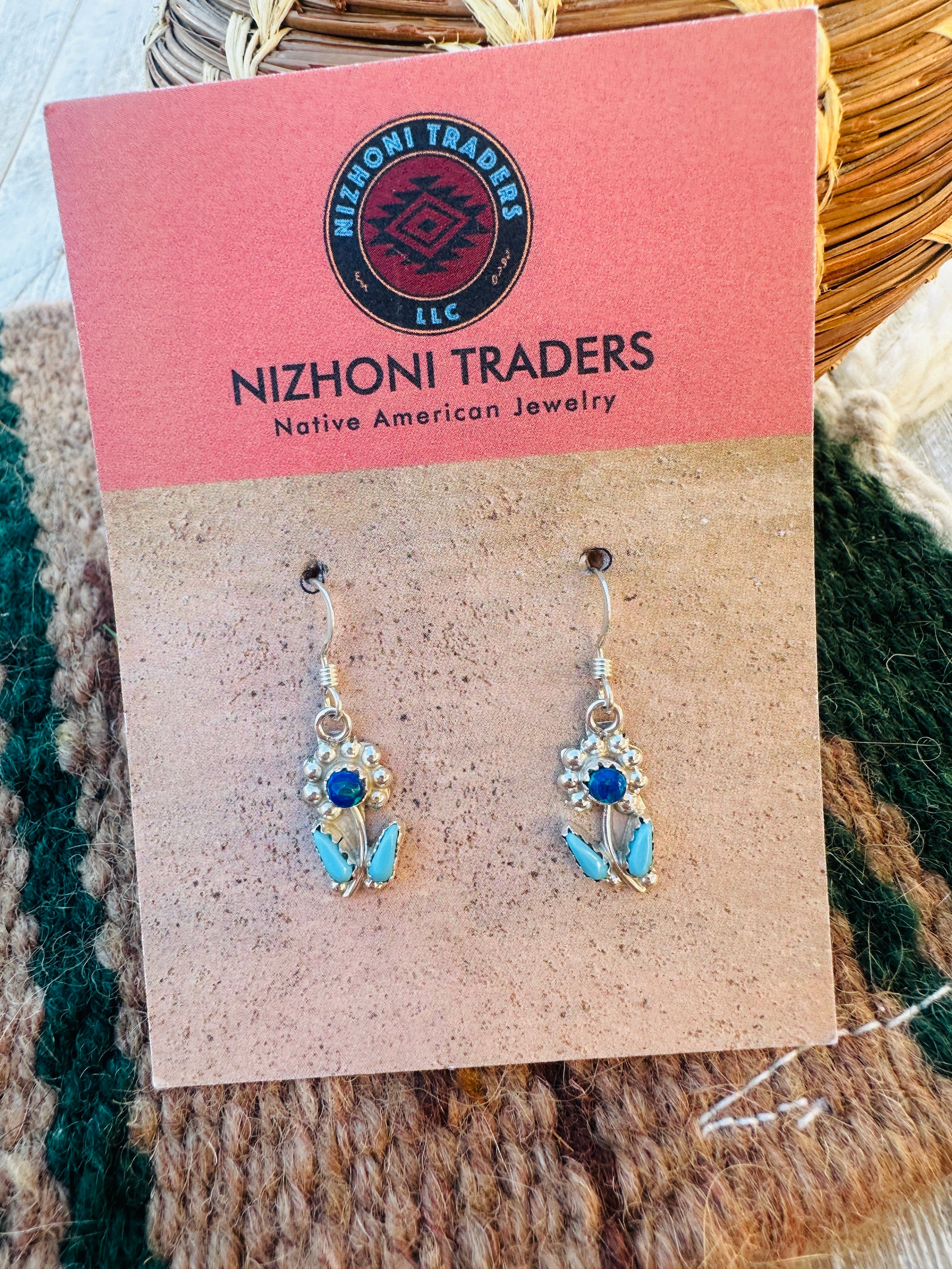 Handcrafted Turquoise, Dark Blue Opal & Sterling Silver Flower Dangle Earrings