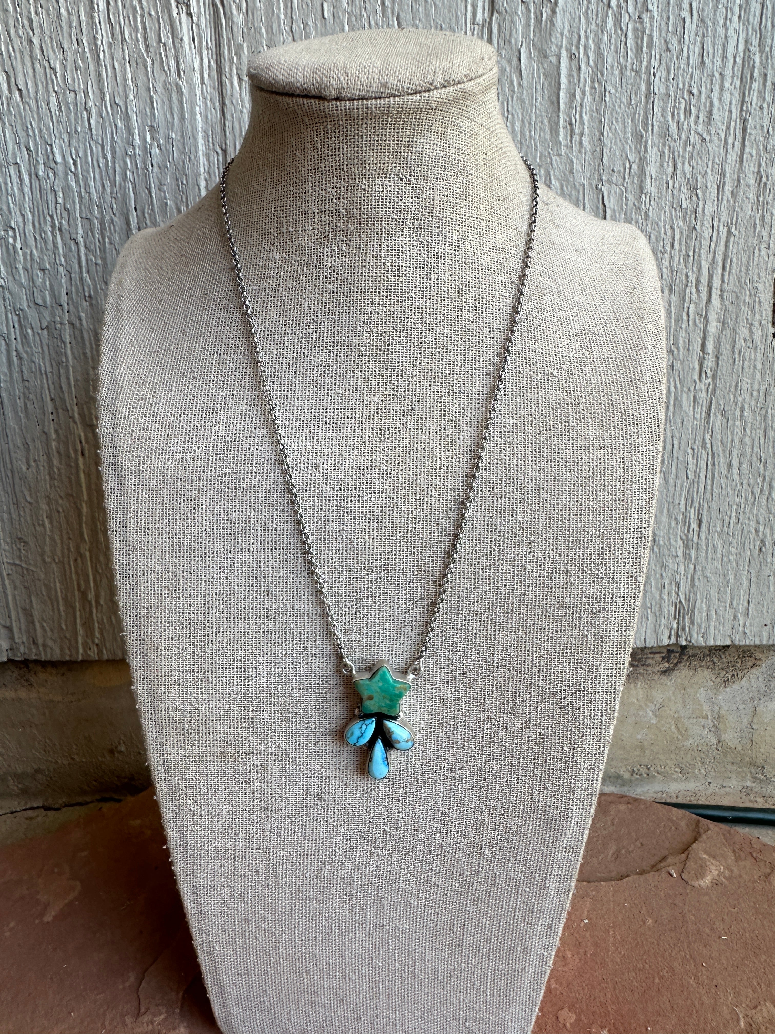 Handmade Sterling Silver, Turquoise & Golden Hills Turquoise STAR Necklace Signed Nizhoni