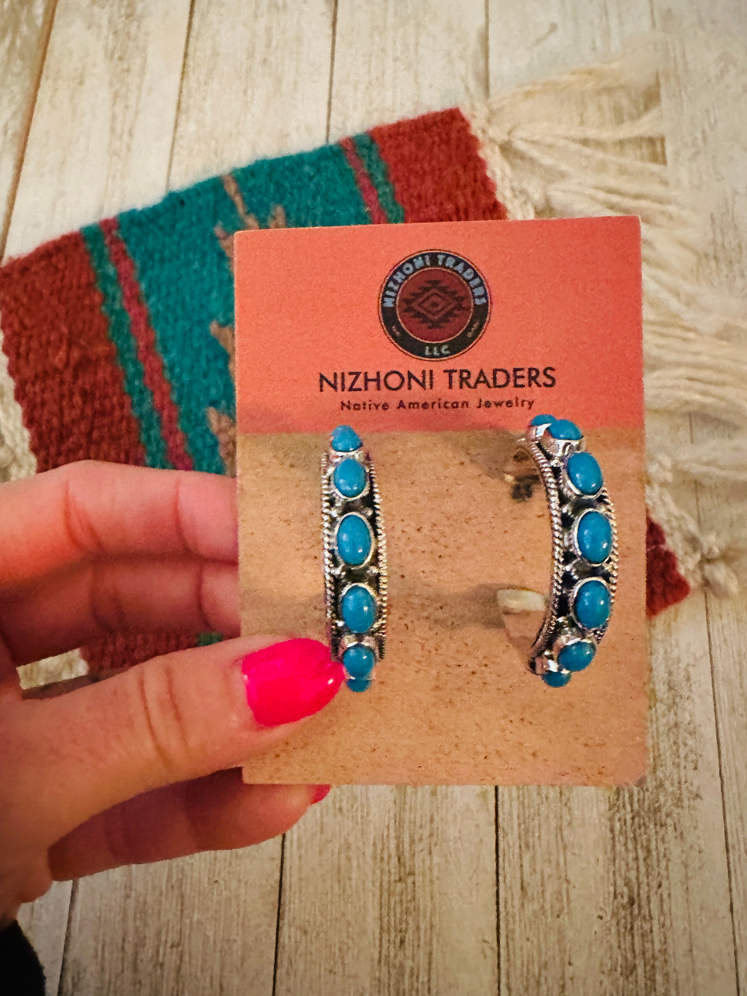 Navajo Sterling Silver & Turquoise Hoop Earrings