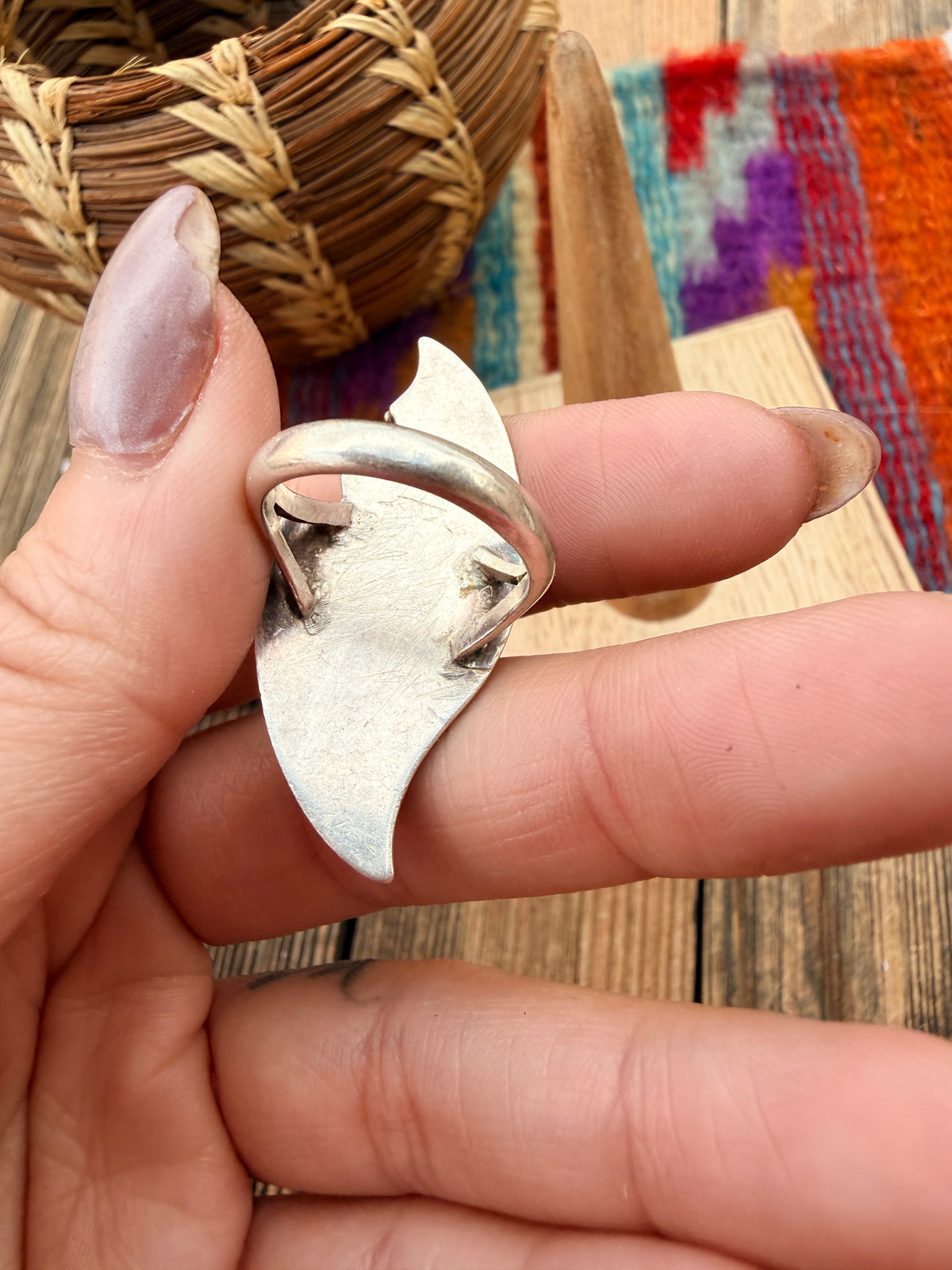 Old Pawn Handcrafted Turquoise & Sterling Silver Ring Size 6