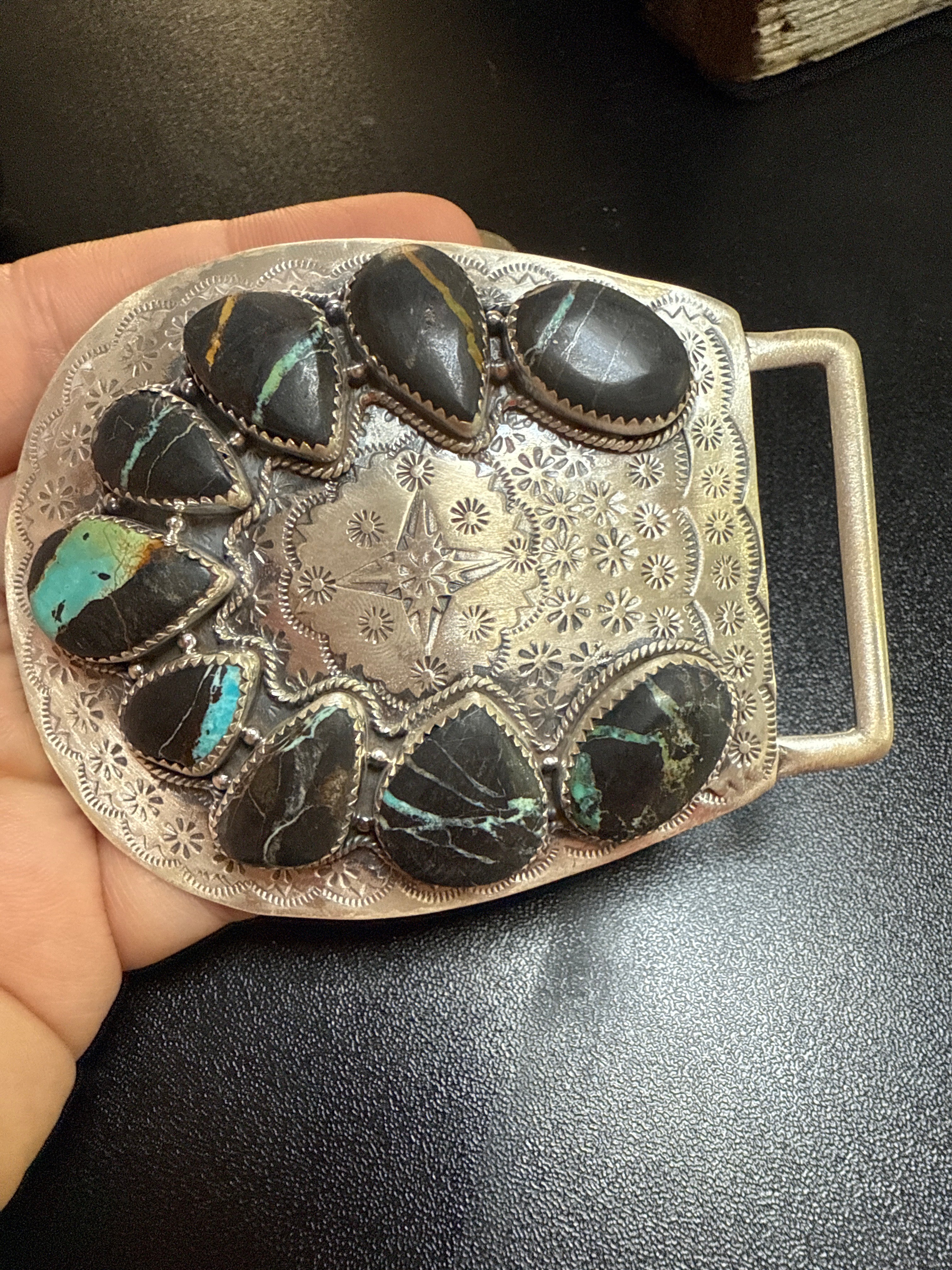 Handmade Sterling Silver Multi Stone Buckle with Signed Nizhoni