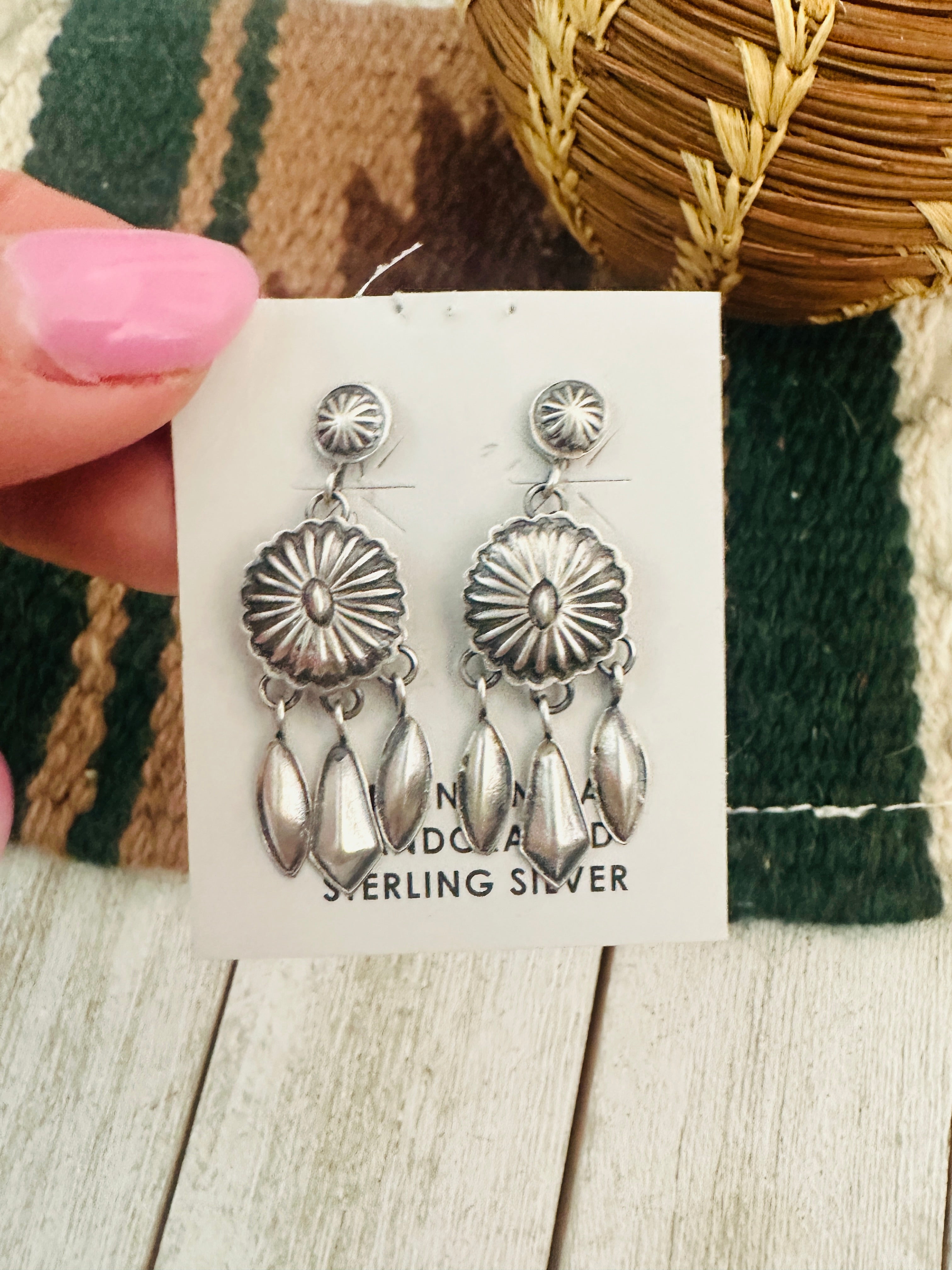 Navajo Hand Stamped Sterling Silver Concho Tassel Dangle Earrings