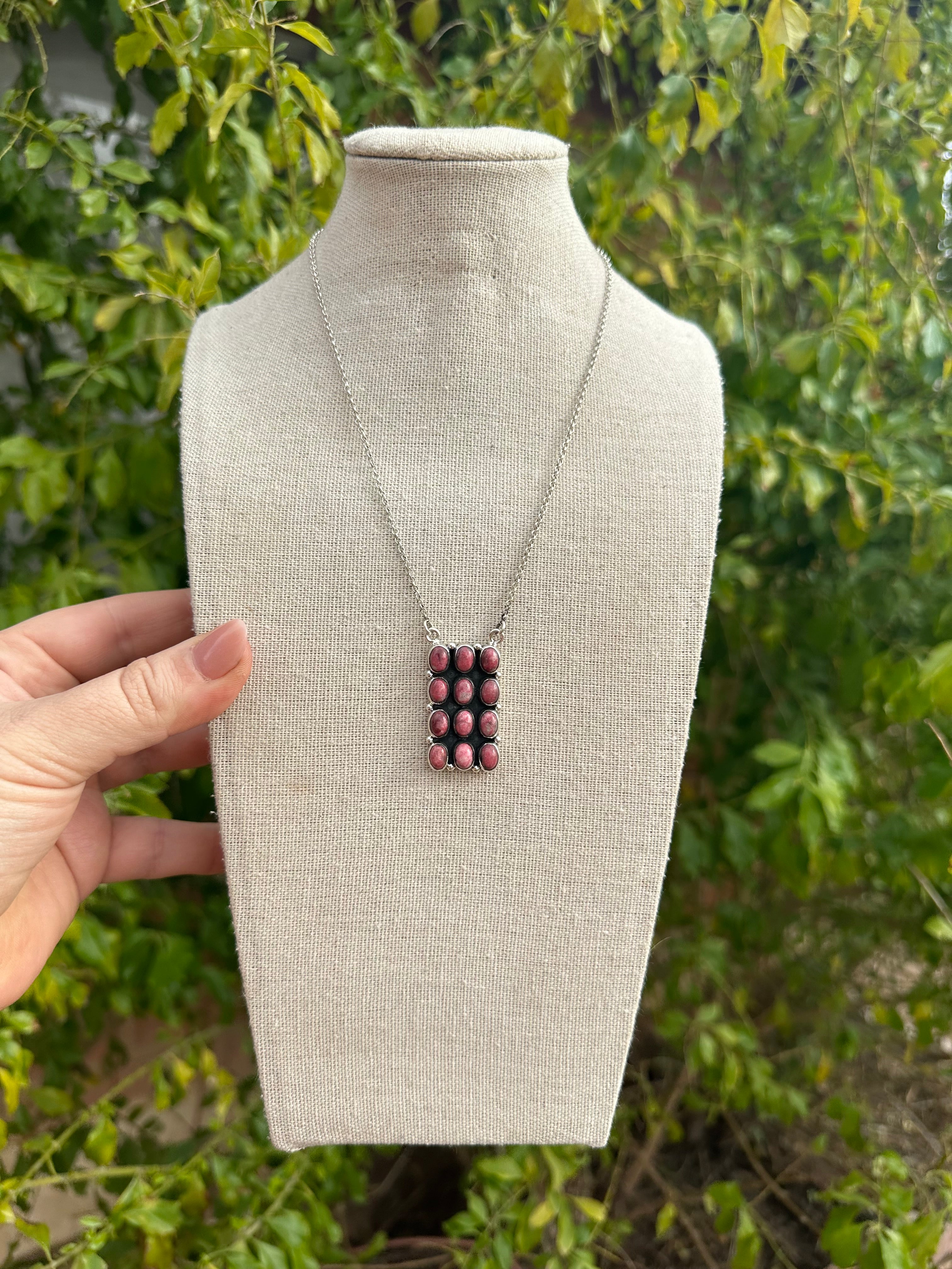 Handmade Sterling Silver & Rhodonite Bar Necklace