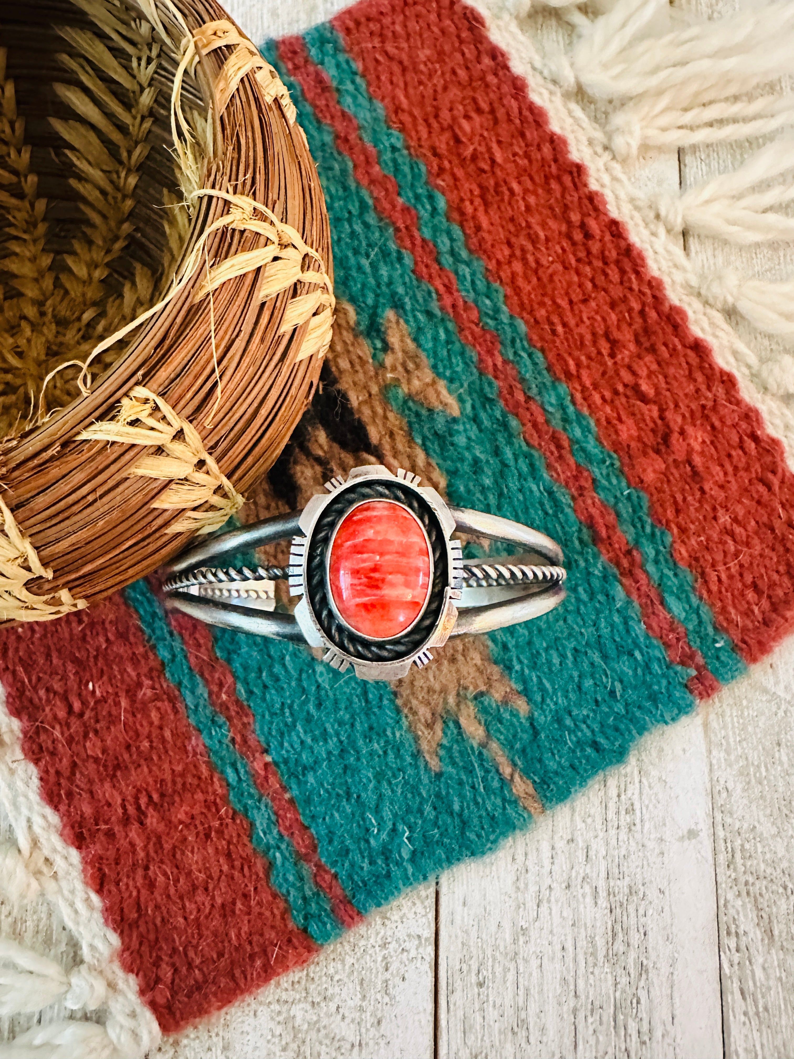 Handcrafted Sterling Silver & Red Spiny Cuff Bracelet by Eli Skeets
