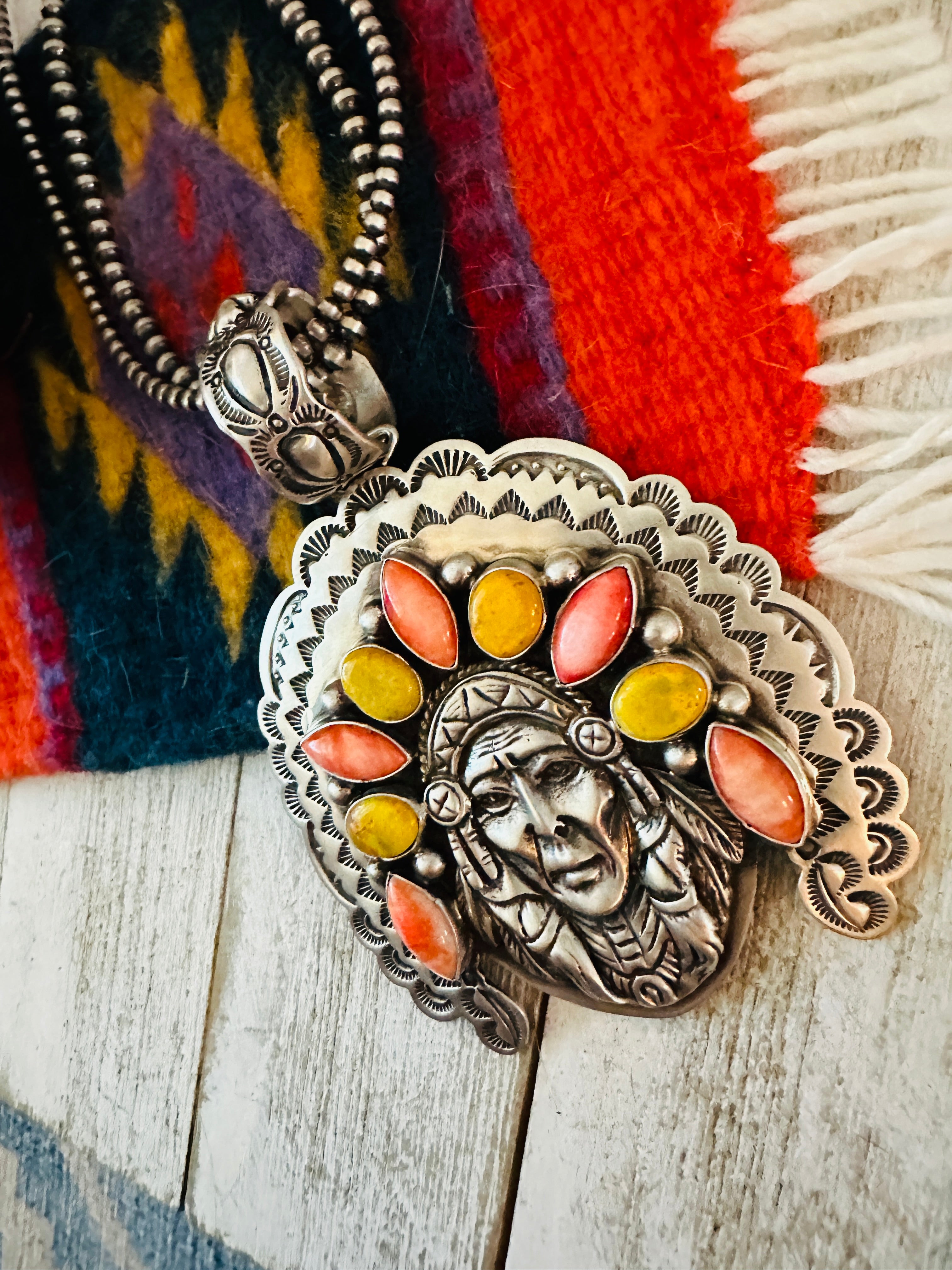 Navajo Spiny, Jasper & Sterling Silver Indian Chief Pendant