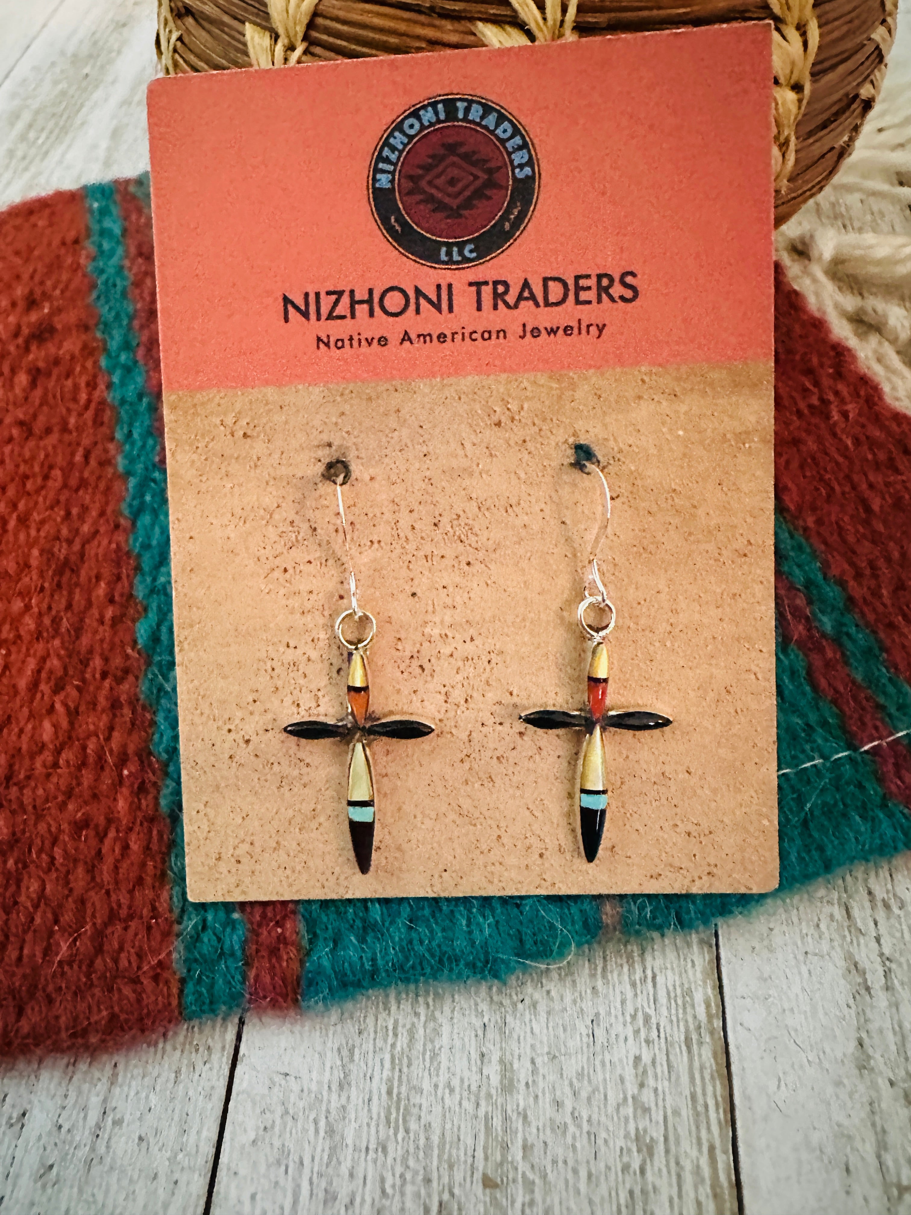 Zuni Sterling Silver & Multi Stone Inlay Cross Dangle Earrings