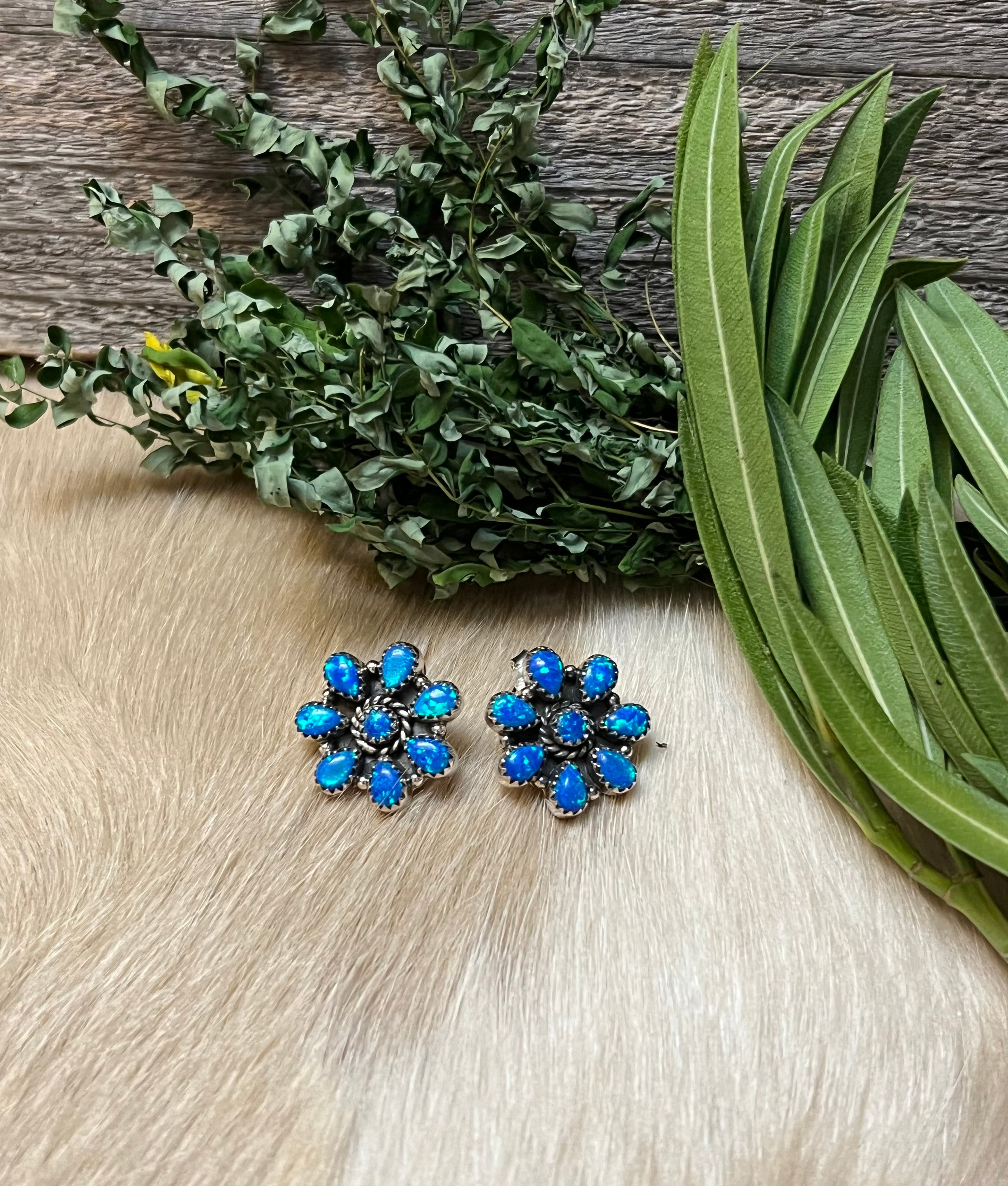 Handmade Blue Opal Flower Cluster & Sterling Silver Stud Earrings
