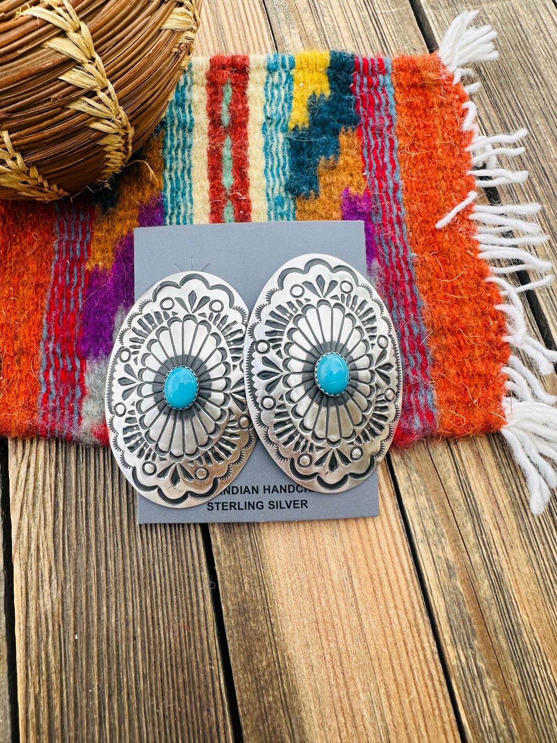 Handcrafted Turquoise & Sterling Silver Concho Post Earrings by Leander Tahe
