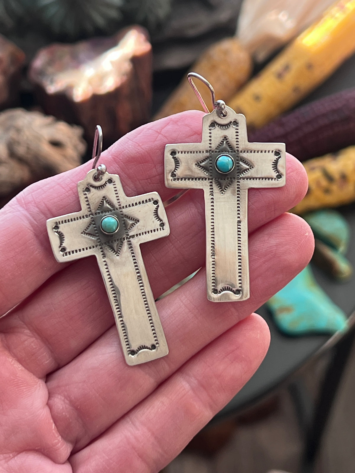 Hand Stamped Sterling Silver Cross Dangle Earrings with Turquoise by Kimari Somers