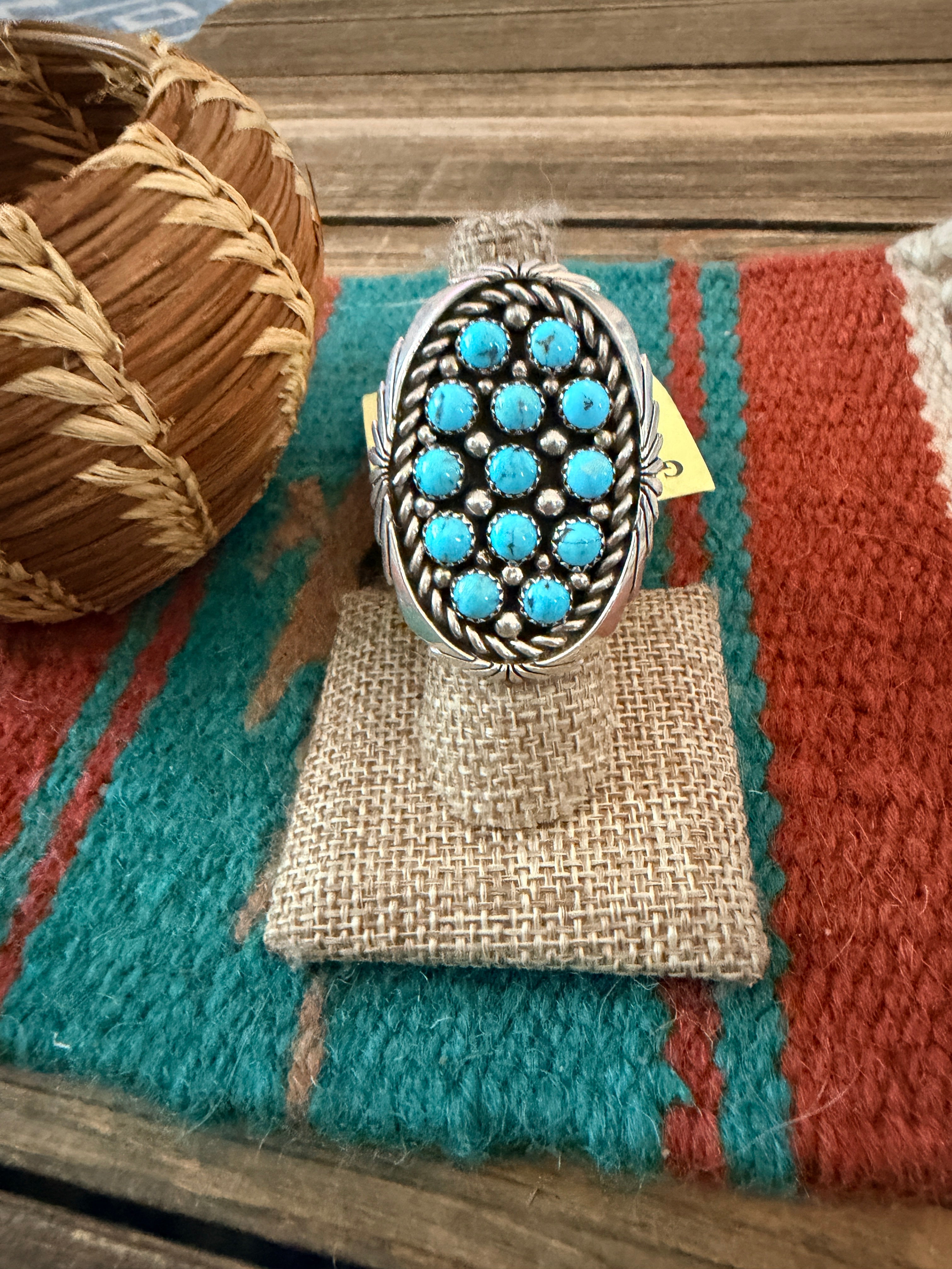 Old Pawn Handcrafted Turquoise & Sterling Silver Cluster Adjustable Ring