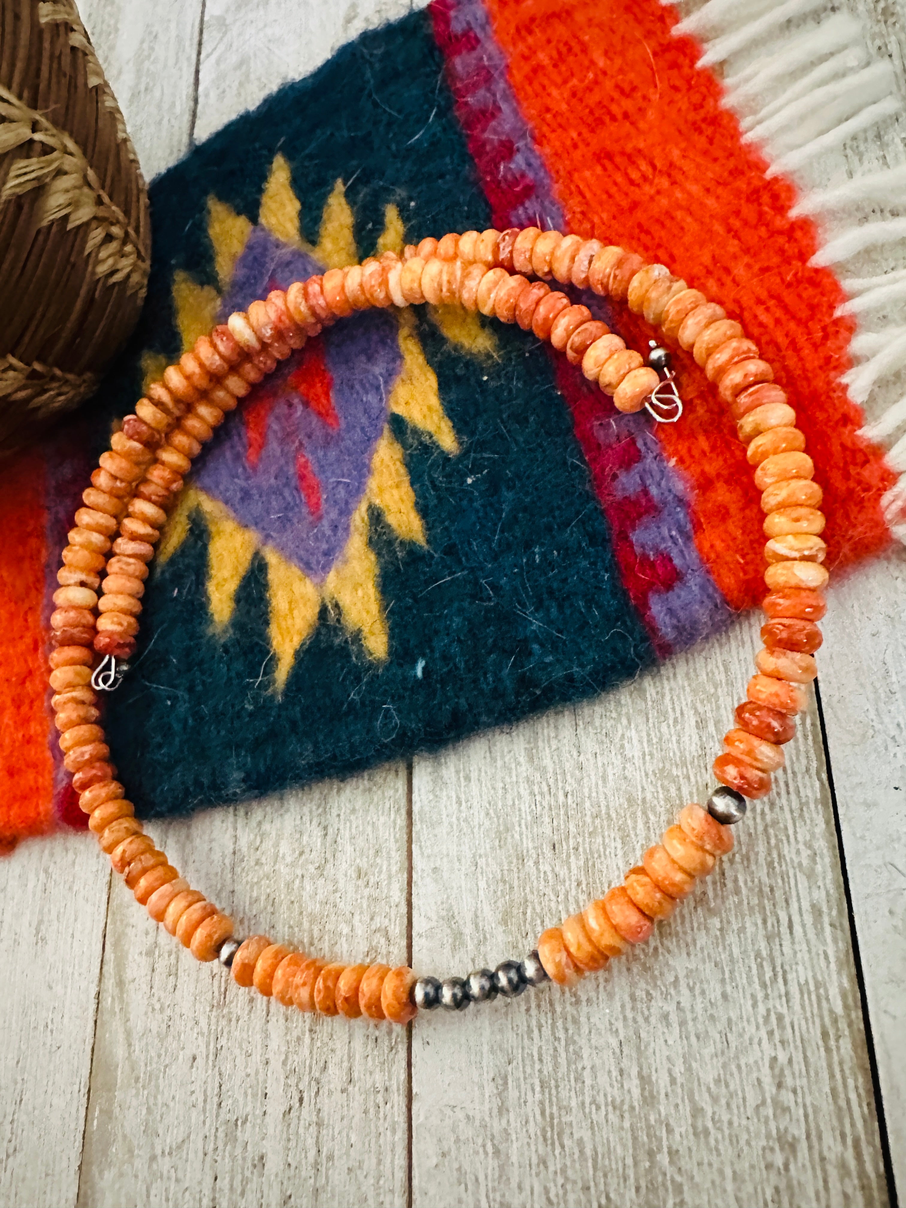 Navajo Orange Spiny & Sterling Silver Beaded Wrap Choker Necklace