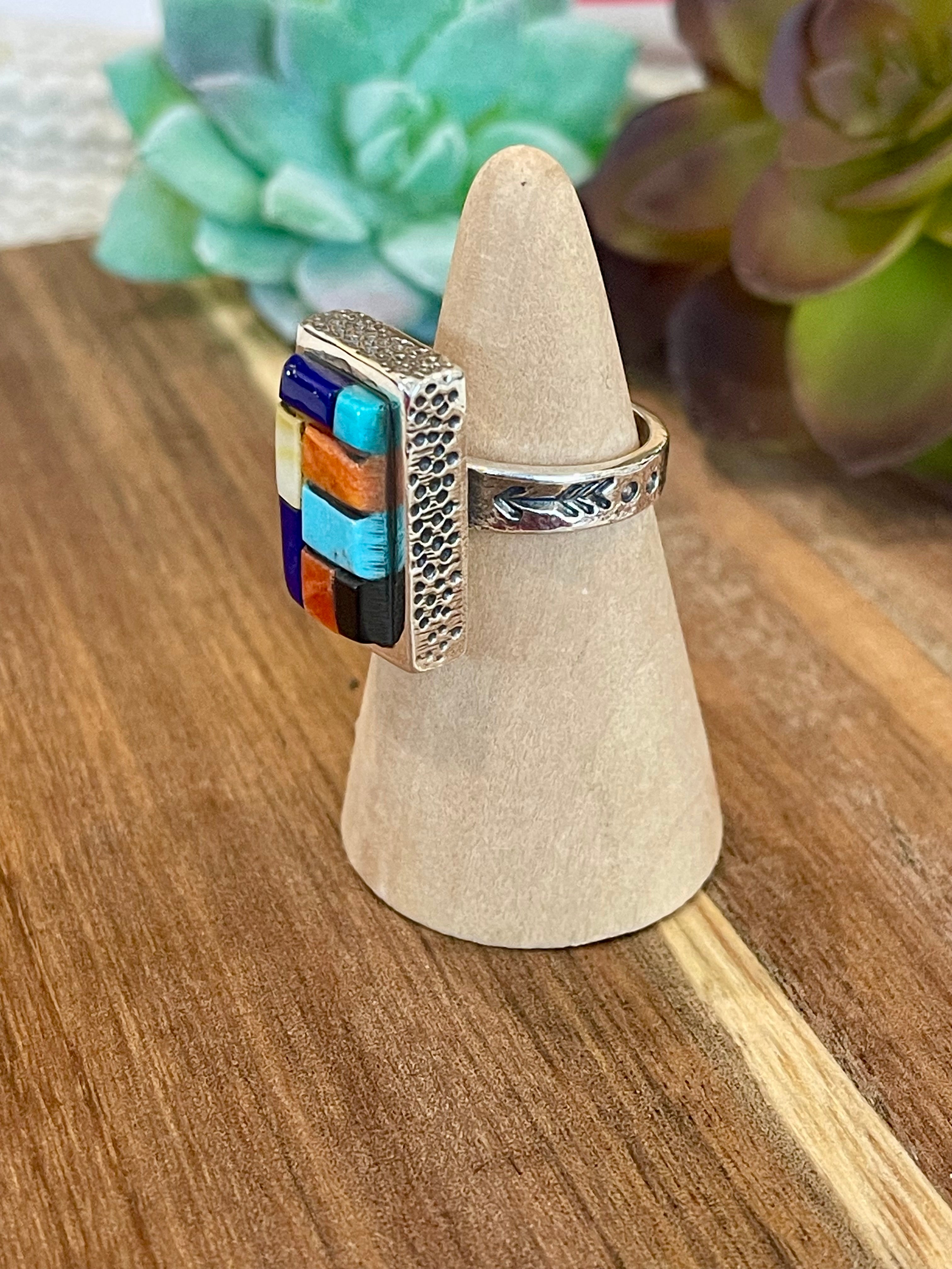 Handmade Sterling Silver & Multi Stone Inlay Ring Size 6.25