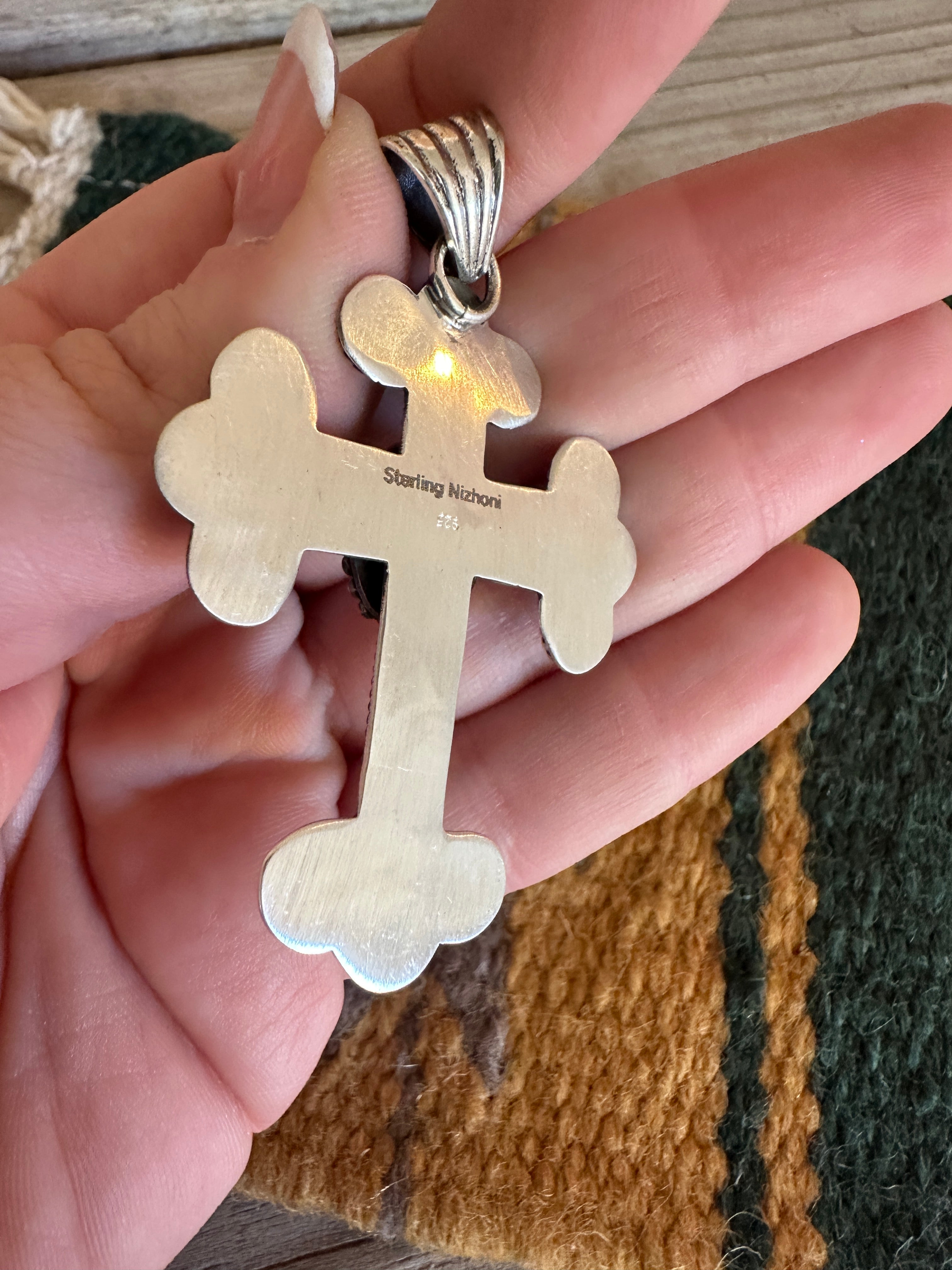 Handmade Turquoise & Sterling Silver Cross Pendant Signed Nizhoni