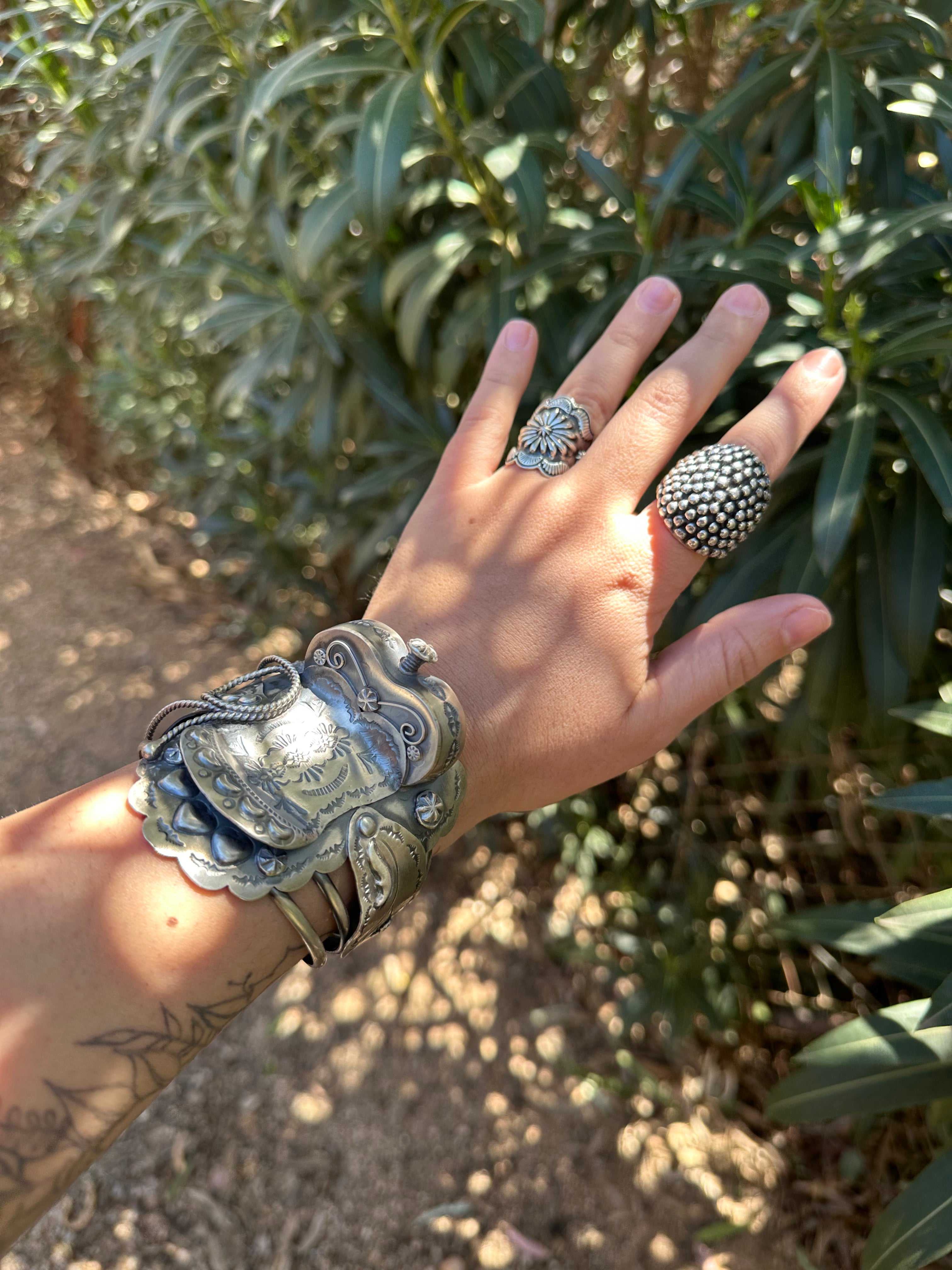 Navajo Hand Stamped Sterling Silver Saddle Cuff Bracelet by Tim Yazzie