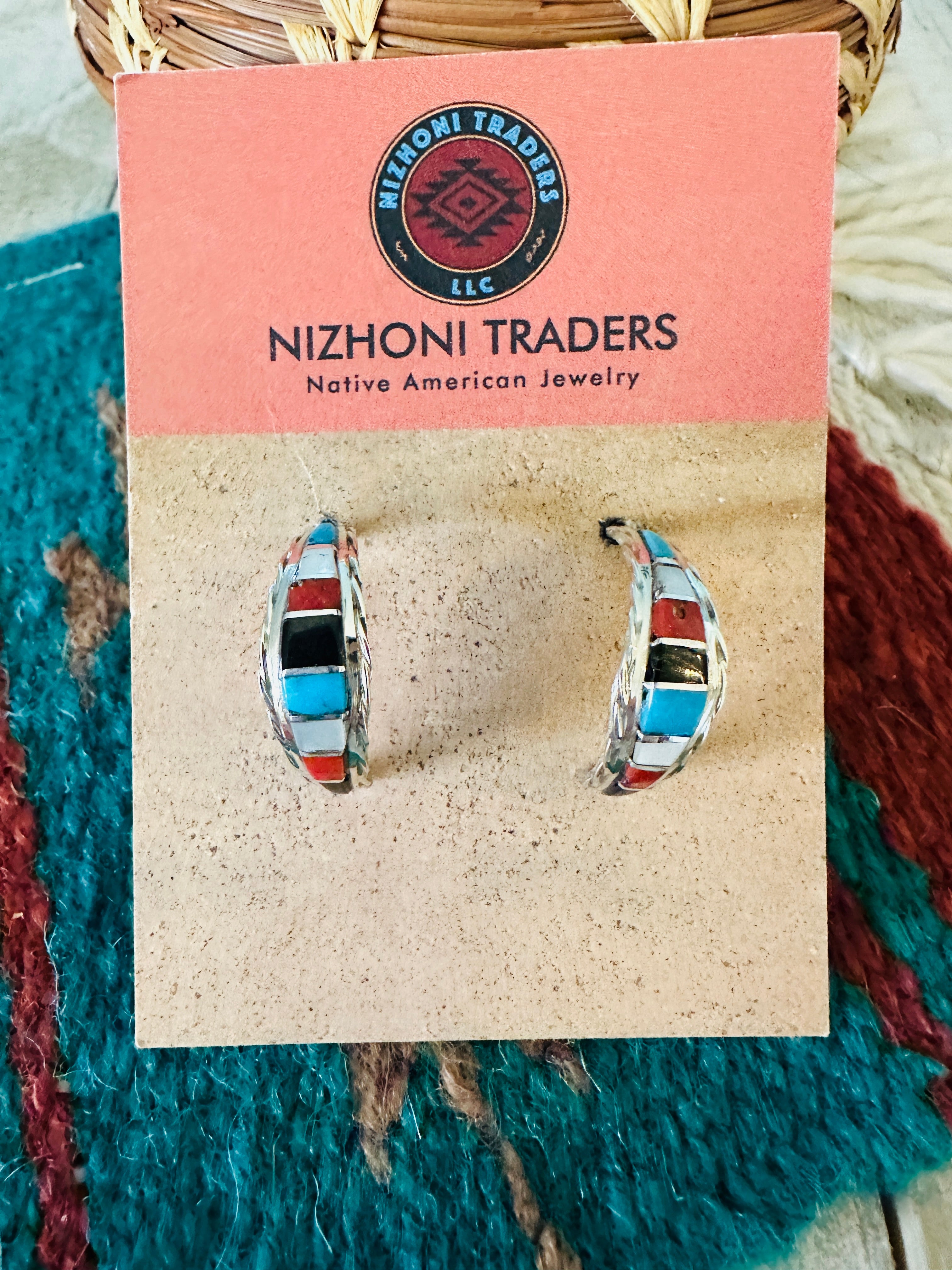 Navajo Multi Stone & Sterling Silver Inlay Cresent Hoop Earrings