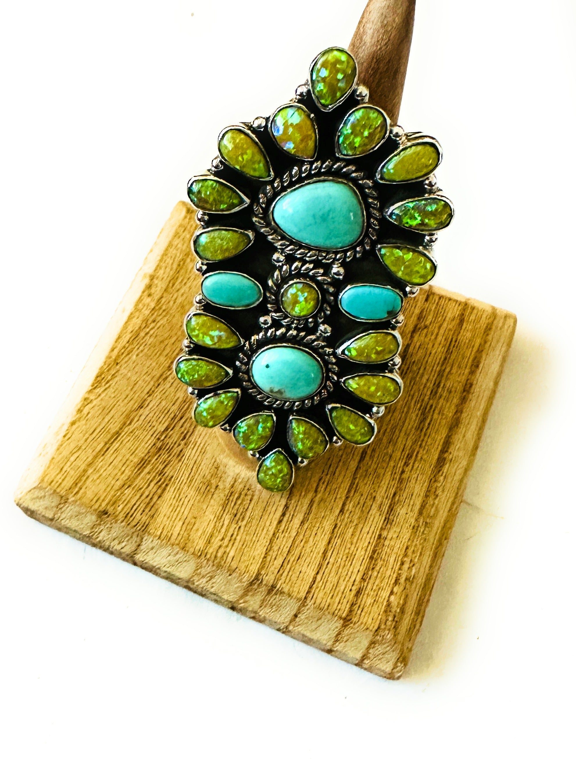 Handmade Sterling Silver, Opal & Turquoise Cluster Adjustable Ring by Nizhoni