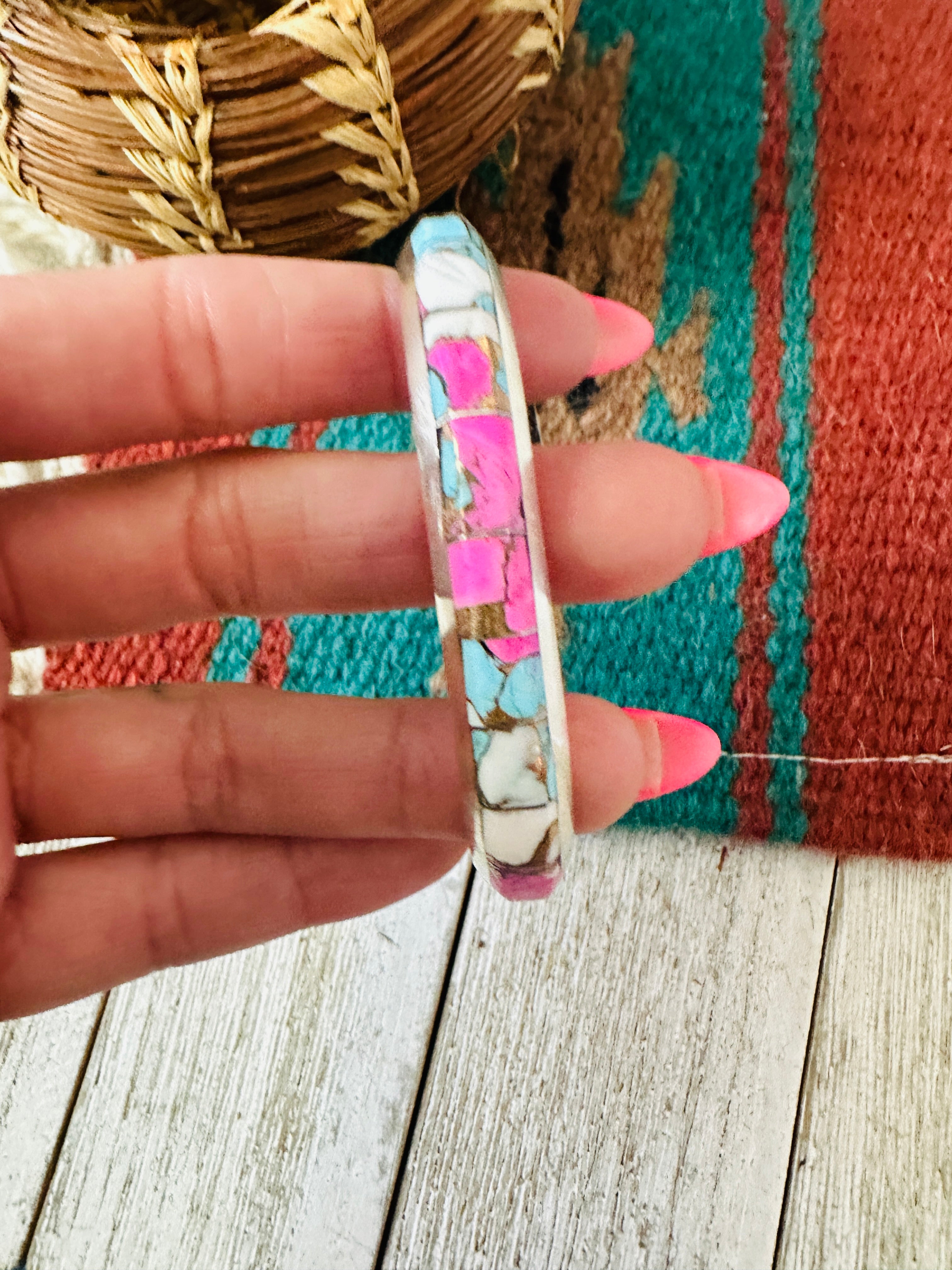 Handcrafted Cotton Candy & Sterling Silver Inlay Cuff Bracelet