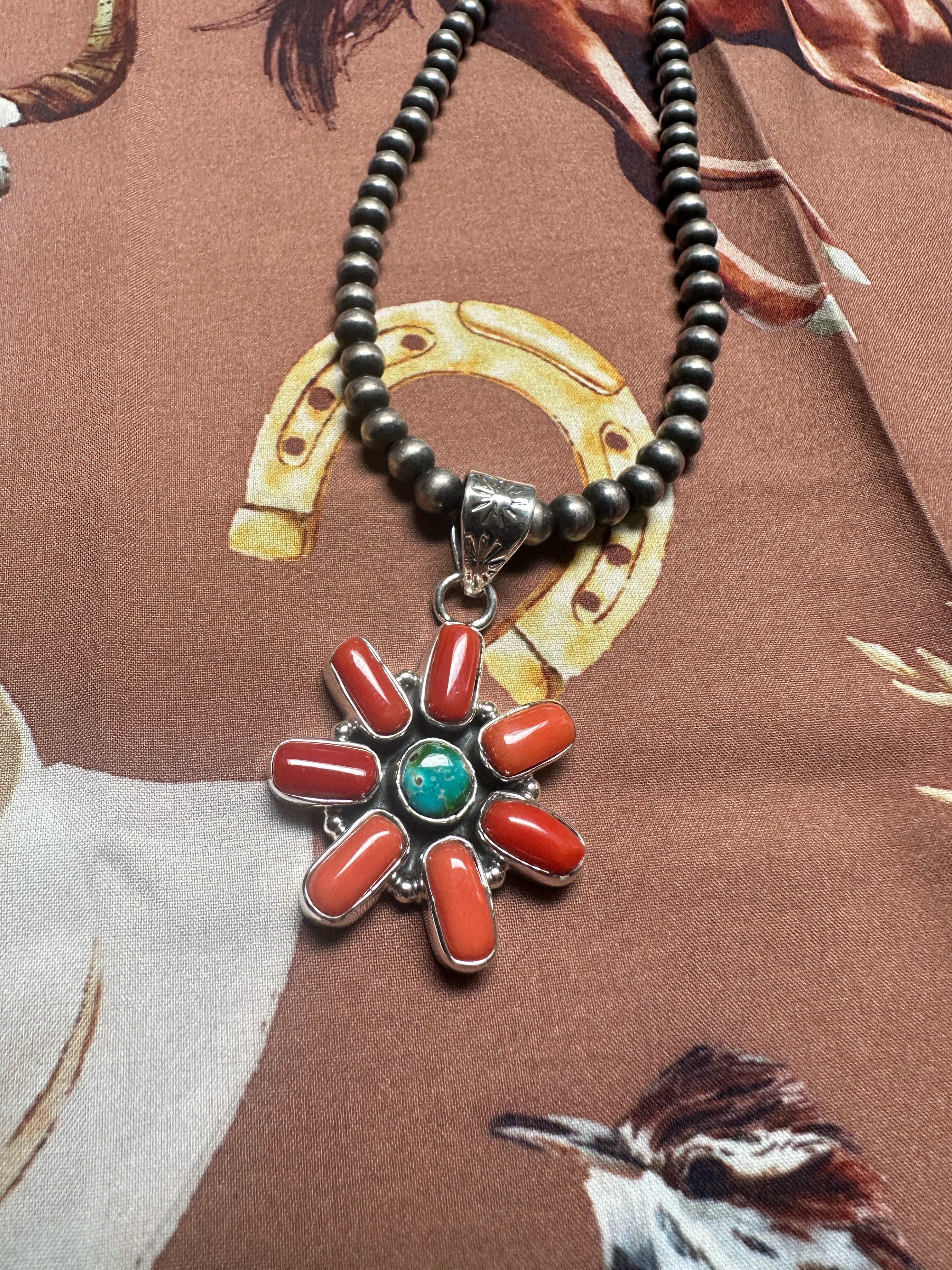 Beautiful Handmade Sterling Silver, Coral & Sonoran Mountain Turquoise Flower Pendant