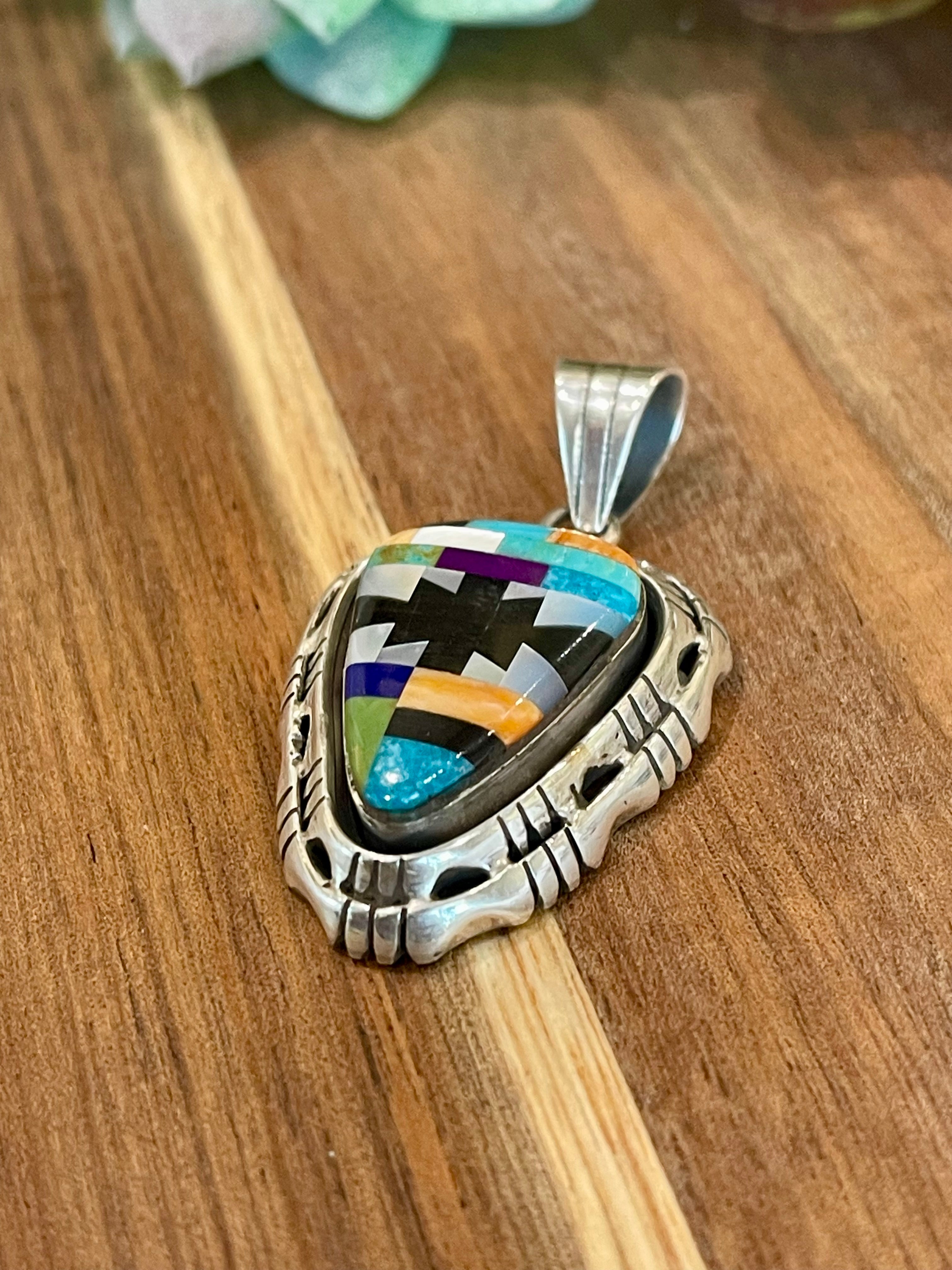 Beautiful Handmade Sterling Silver & Multi Stone Inlay Pendant