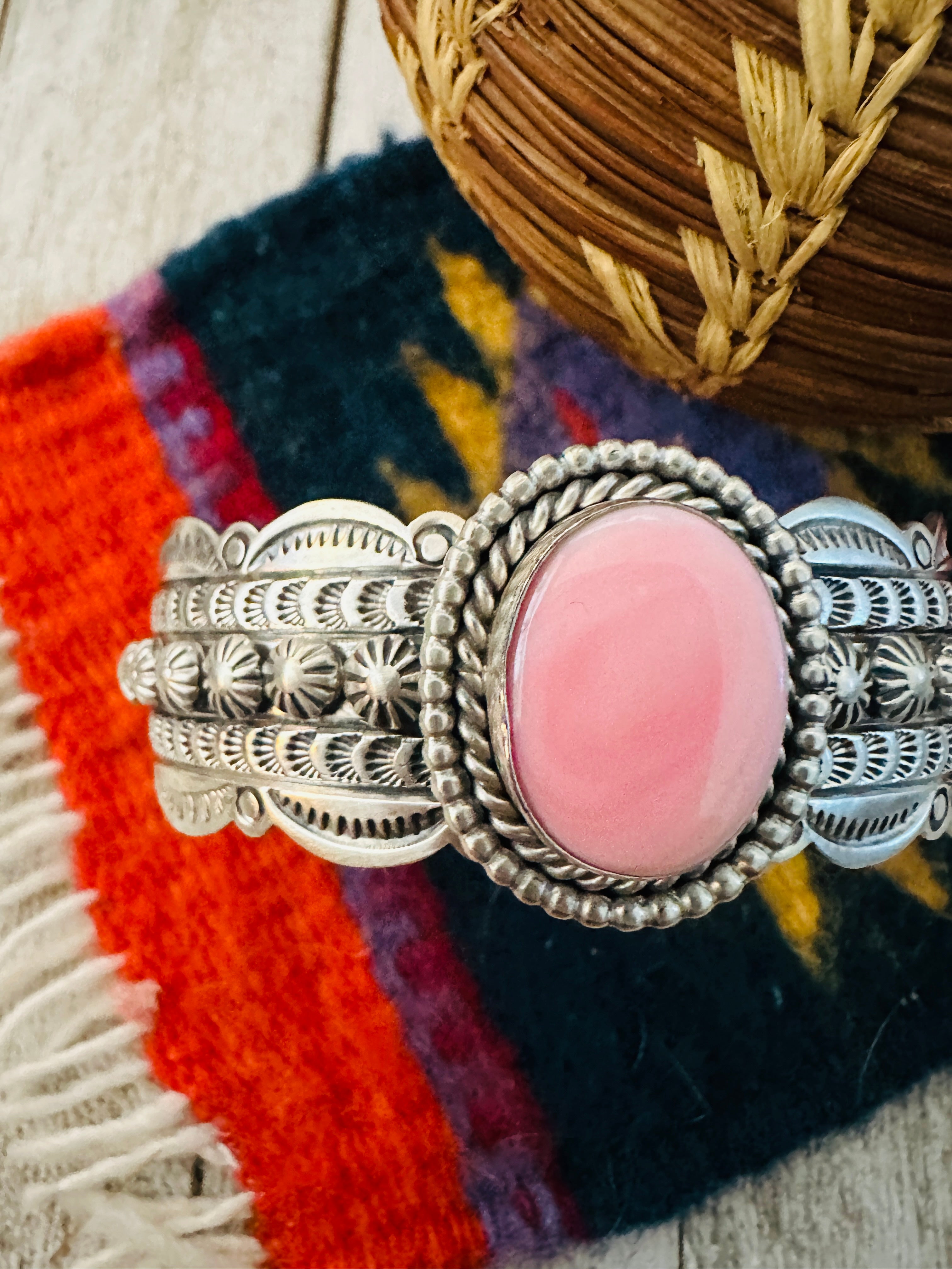 Navajo Queen Pink Conch Shell & Sterling Silver Cuff Bracelet