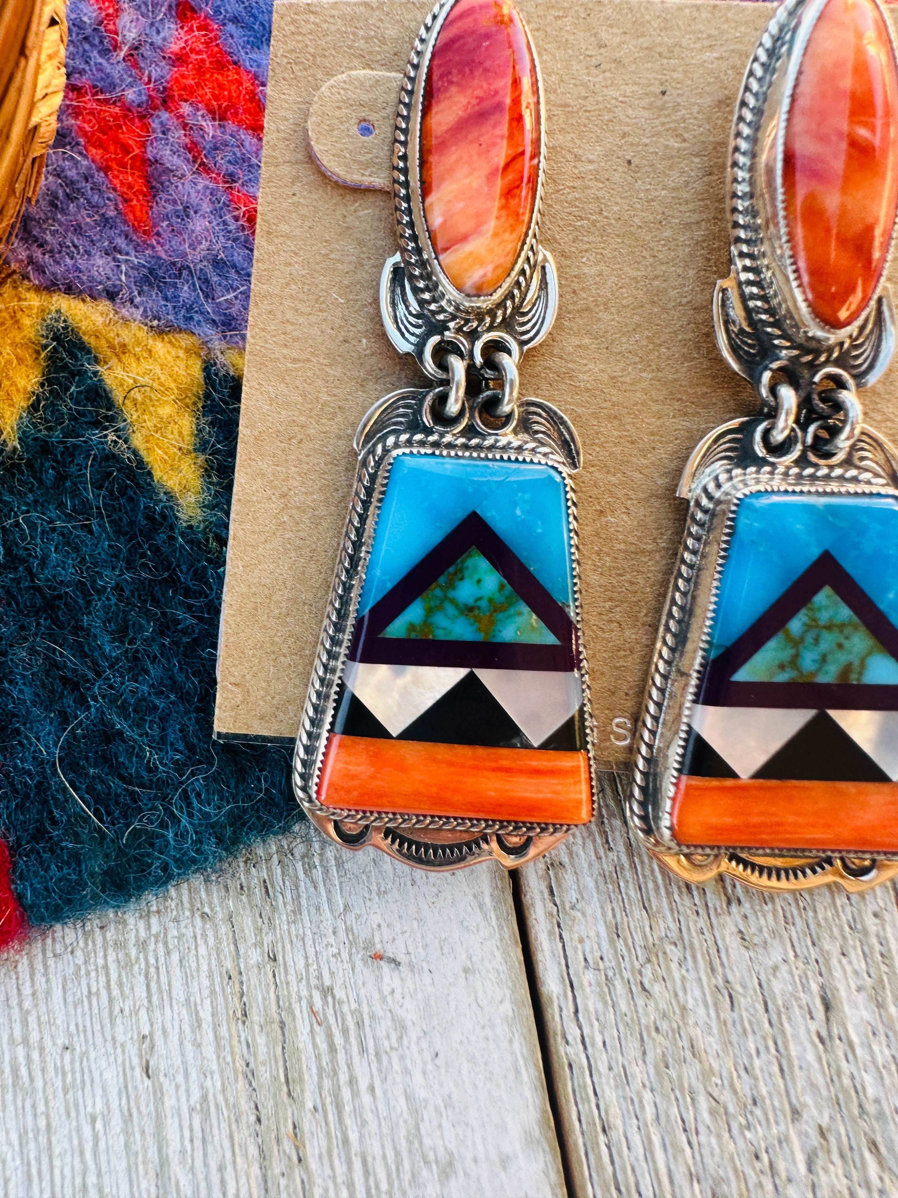 Aldrich Art Jewelry Multi Stone And Sterling Silver Inlay Dangle Earrings