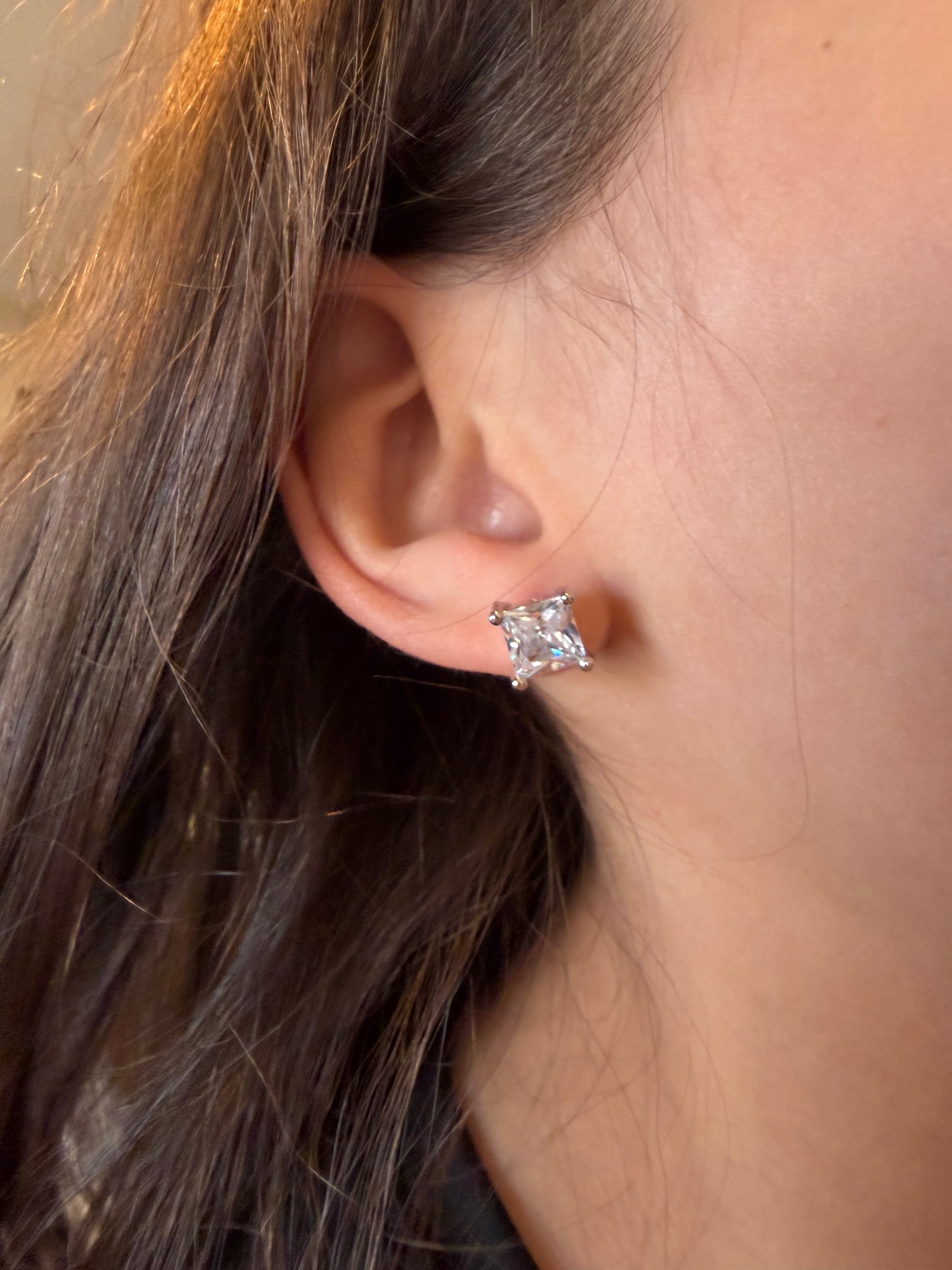 Silver 7mm Cut Square Shaped CZ Stud Earrings