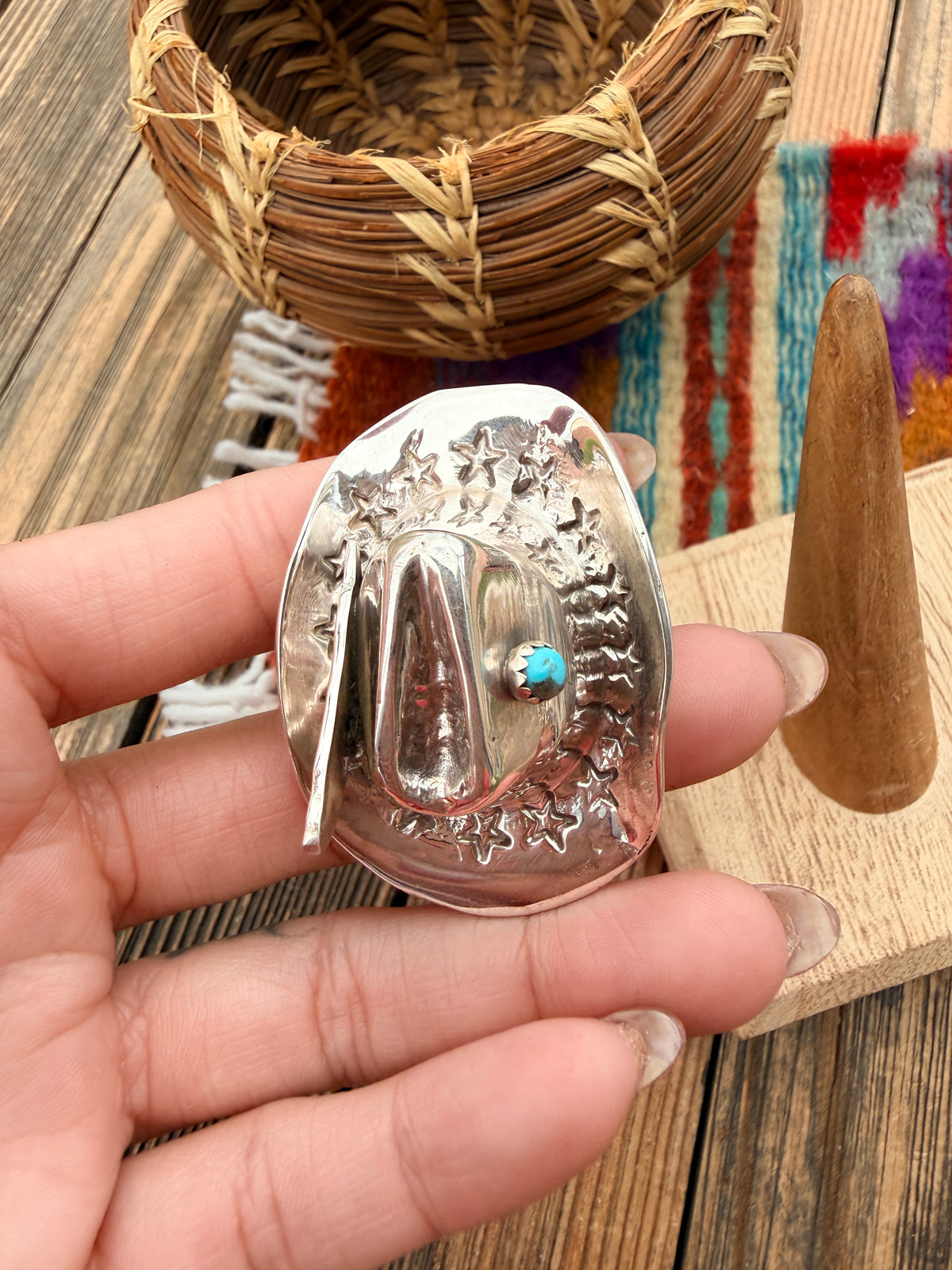 Handcrafted Turquoise and Sterling Silver Cowboy Hat Adjustable Ring