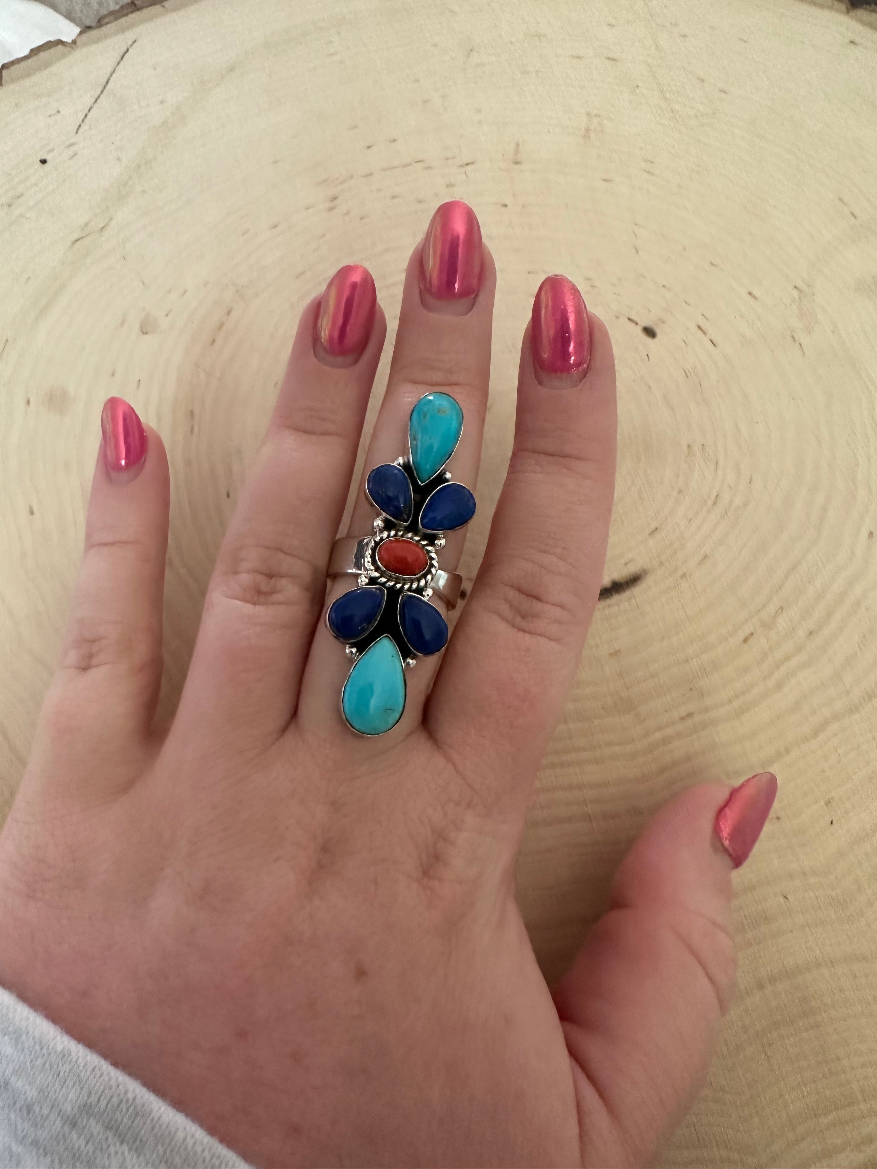 Beautiful Handmade Sterling Silver Lapis, Turquoise & Coral Adjustable Ring