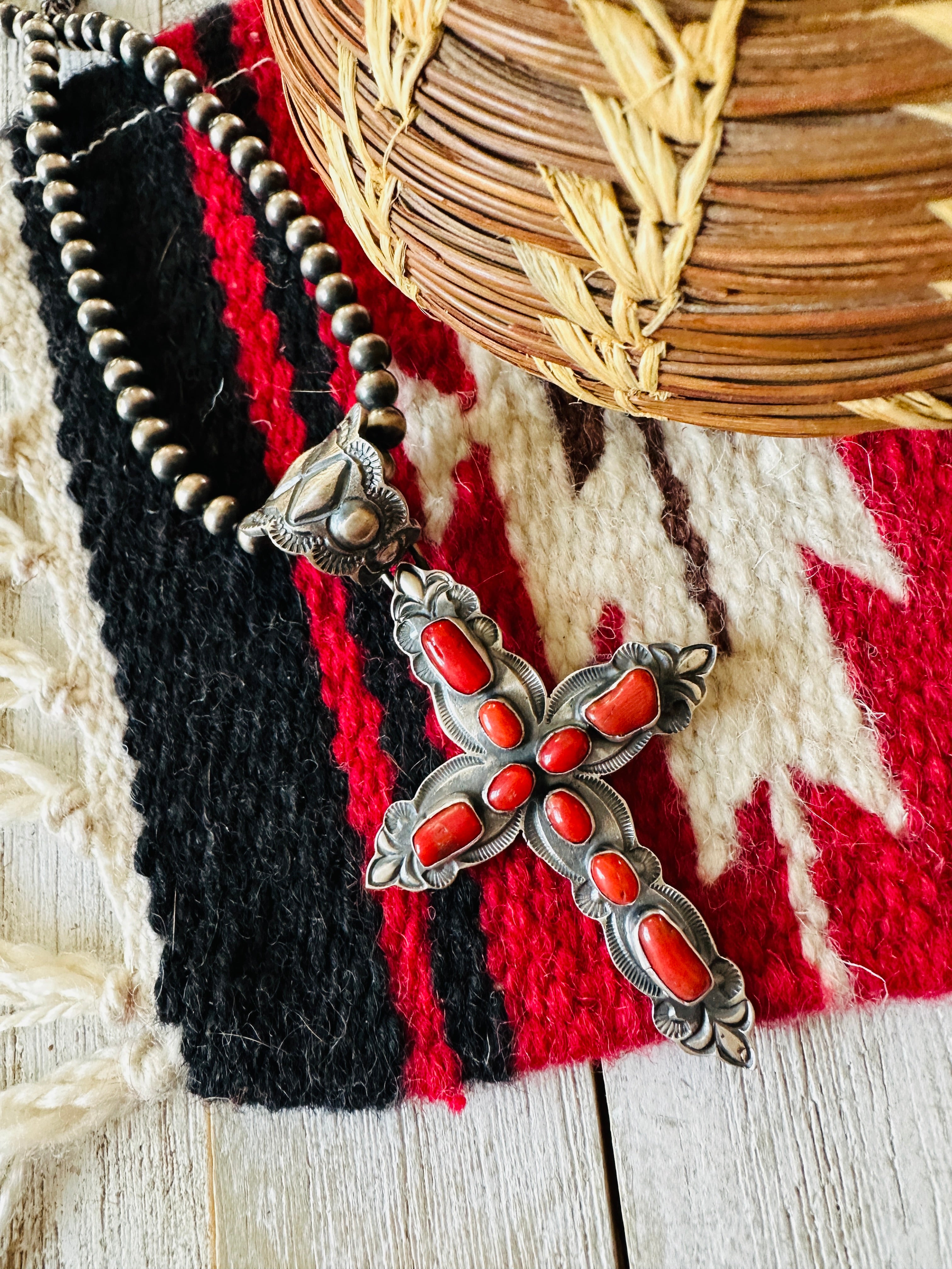 Navajo Sterling Silver & Coral Cross Pendant by Shawn Cayatineto