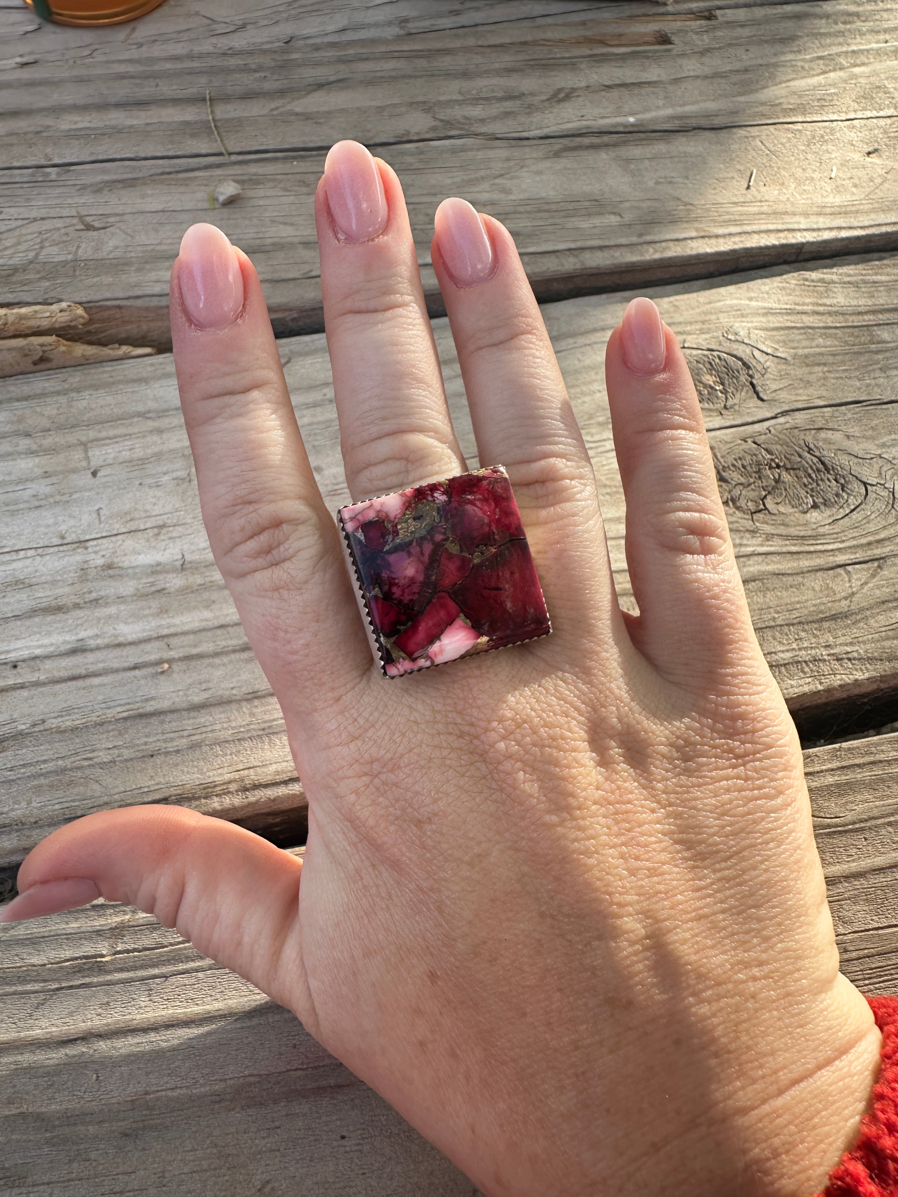 Beautiful Handmade Dahlia Rose And Sterling Silver Adjustable Square Ring