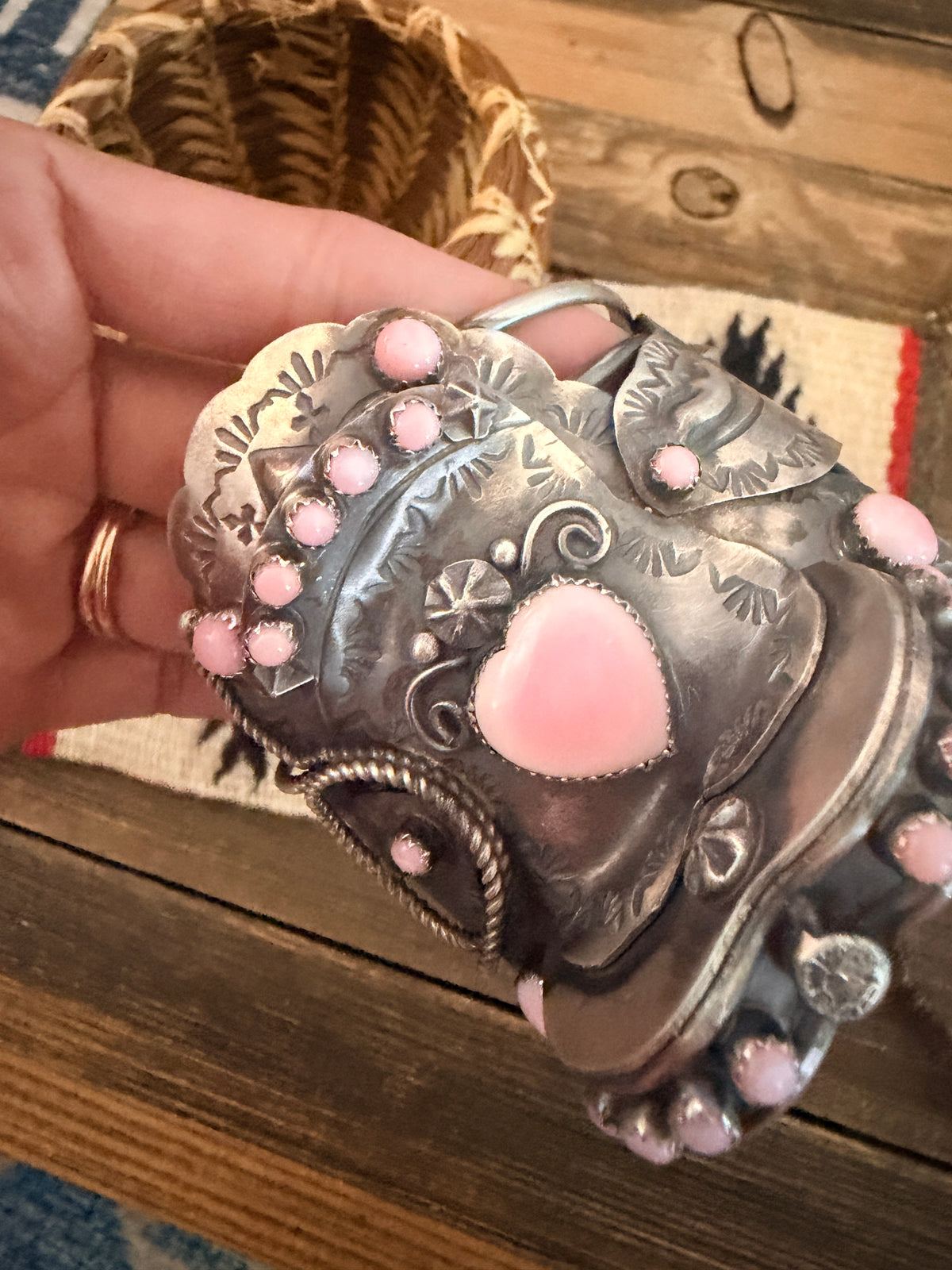 Handcrafted Queen Pink Conch & Sterling Silver Saddle Cuff Bracelet by Tim Yazzie
