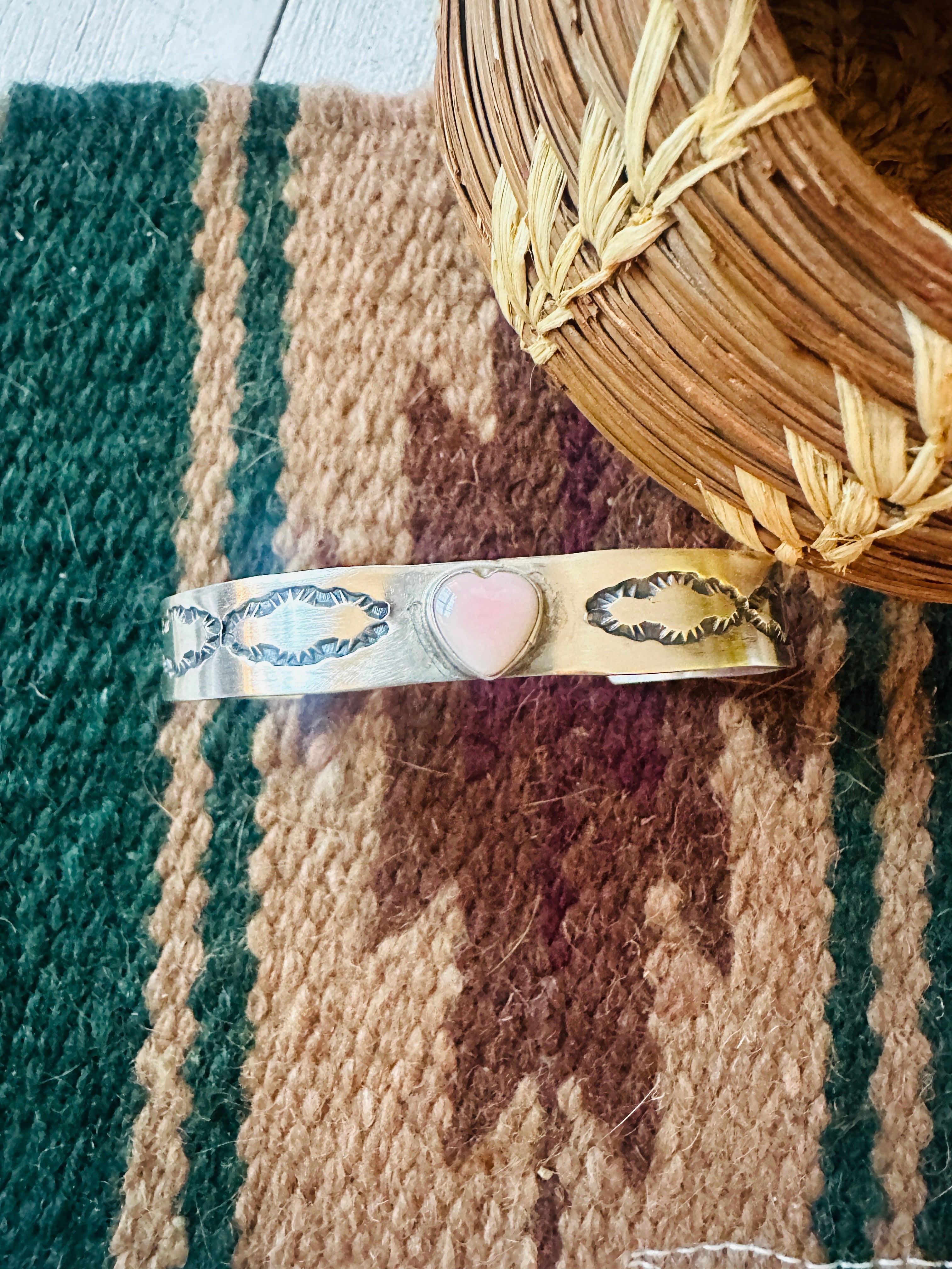 Navajo Queen Pink Conch Shell & Sterling Silver Heart Cuff Bracelet