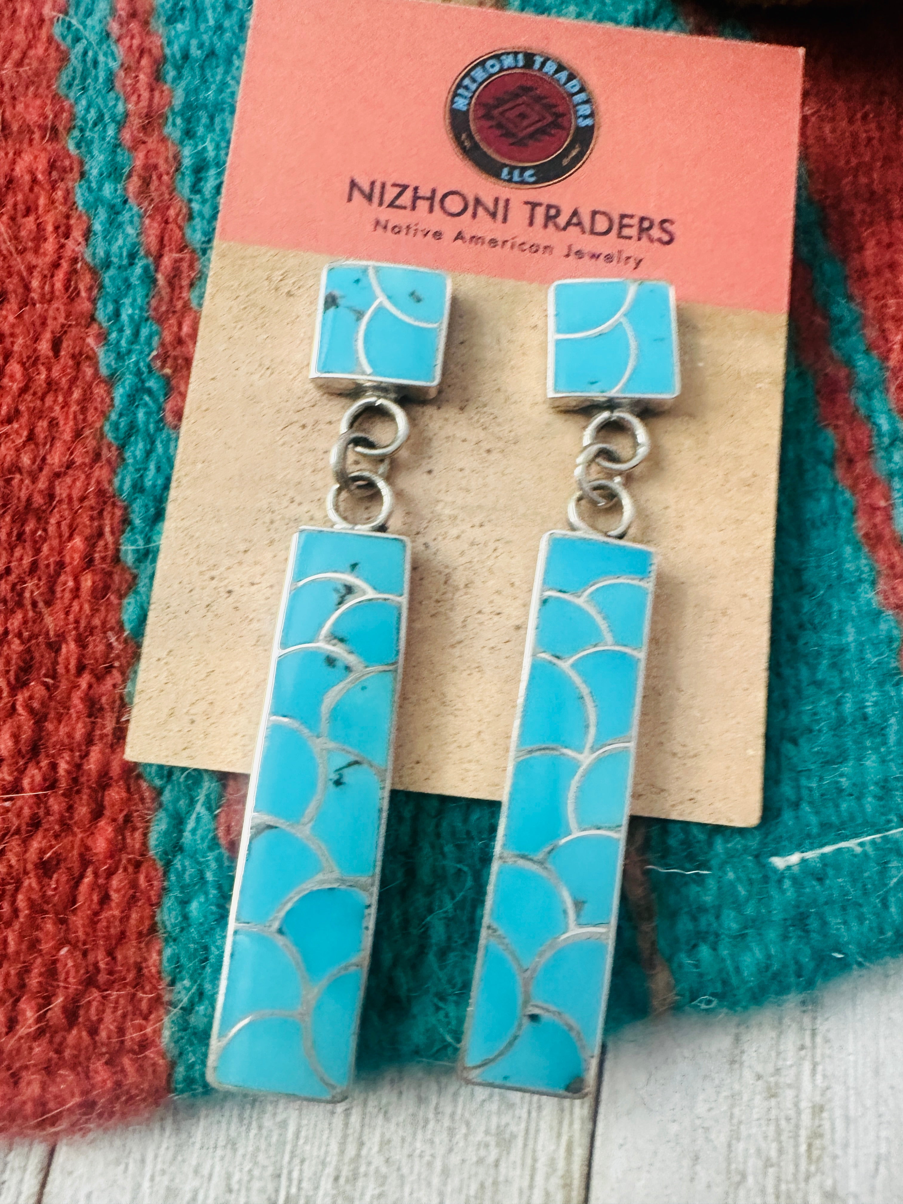 Zuni Sterling Silver & Turquoise Inlay Dangle Earrings