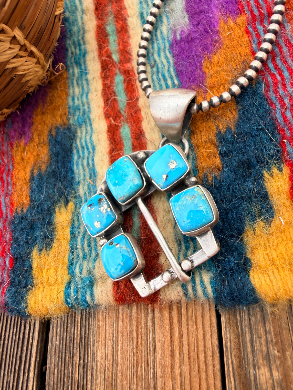 Handcrafted Sterling Silver & Turquoise Belt Buckle Pendant by Russell Sam
