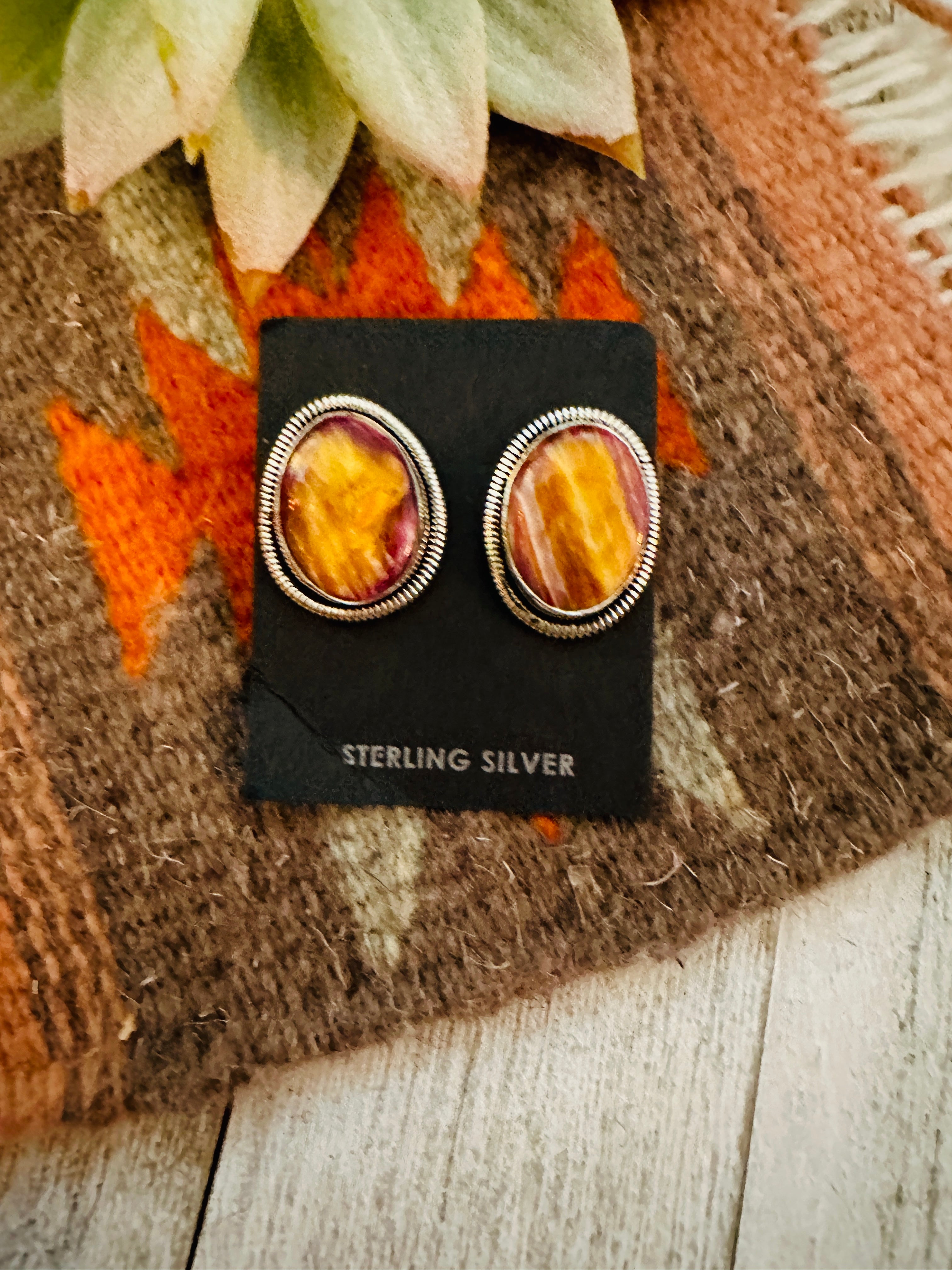 Navajo Spiny and Sterling Silver Post Earrings by Wydell Billie