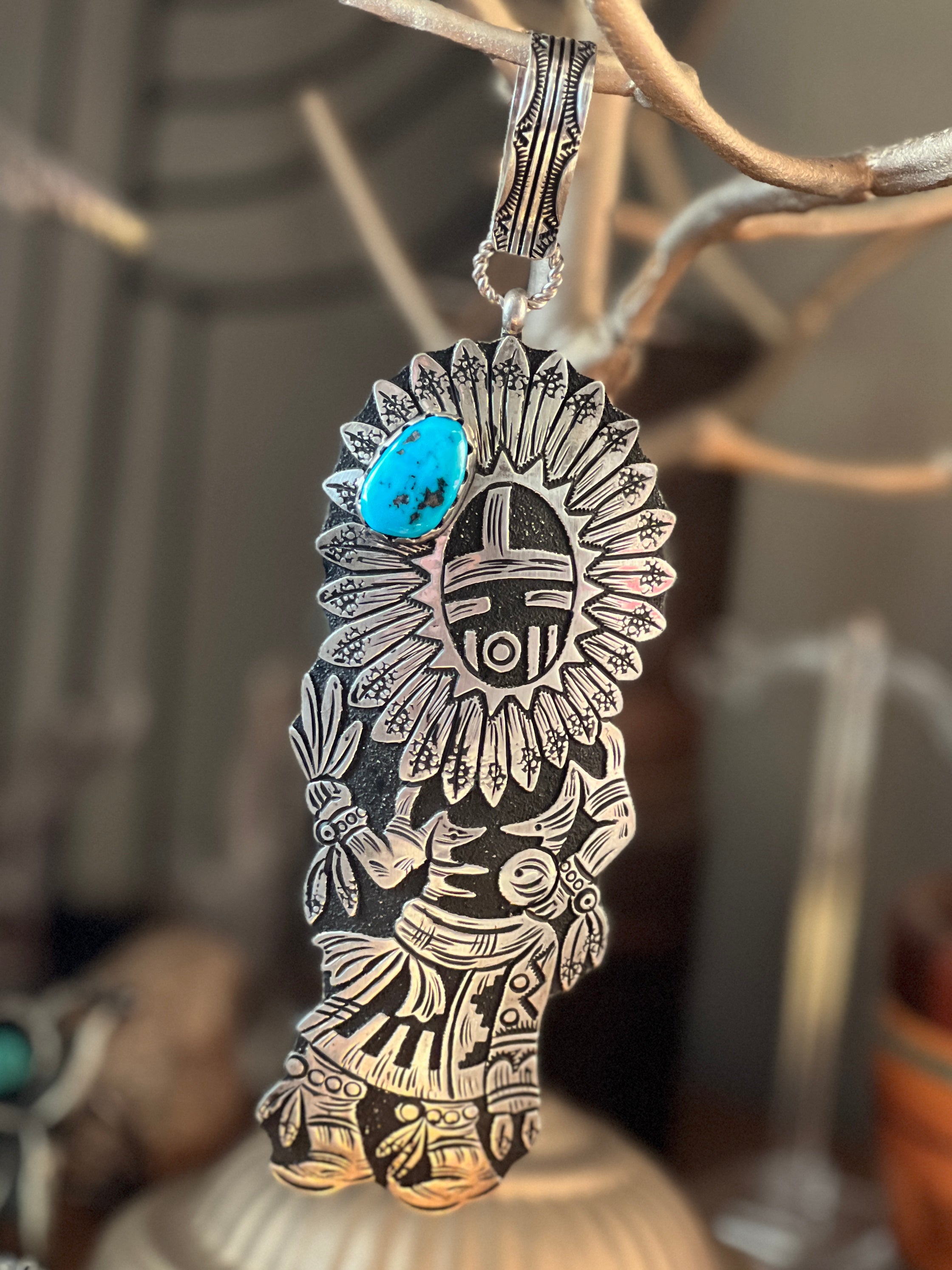 Richard Singer Sterling Silver Sun Dancer Kachina Pendant with Sleeping Beauty Turquoise