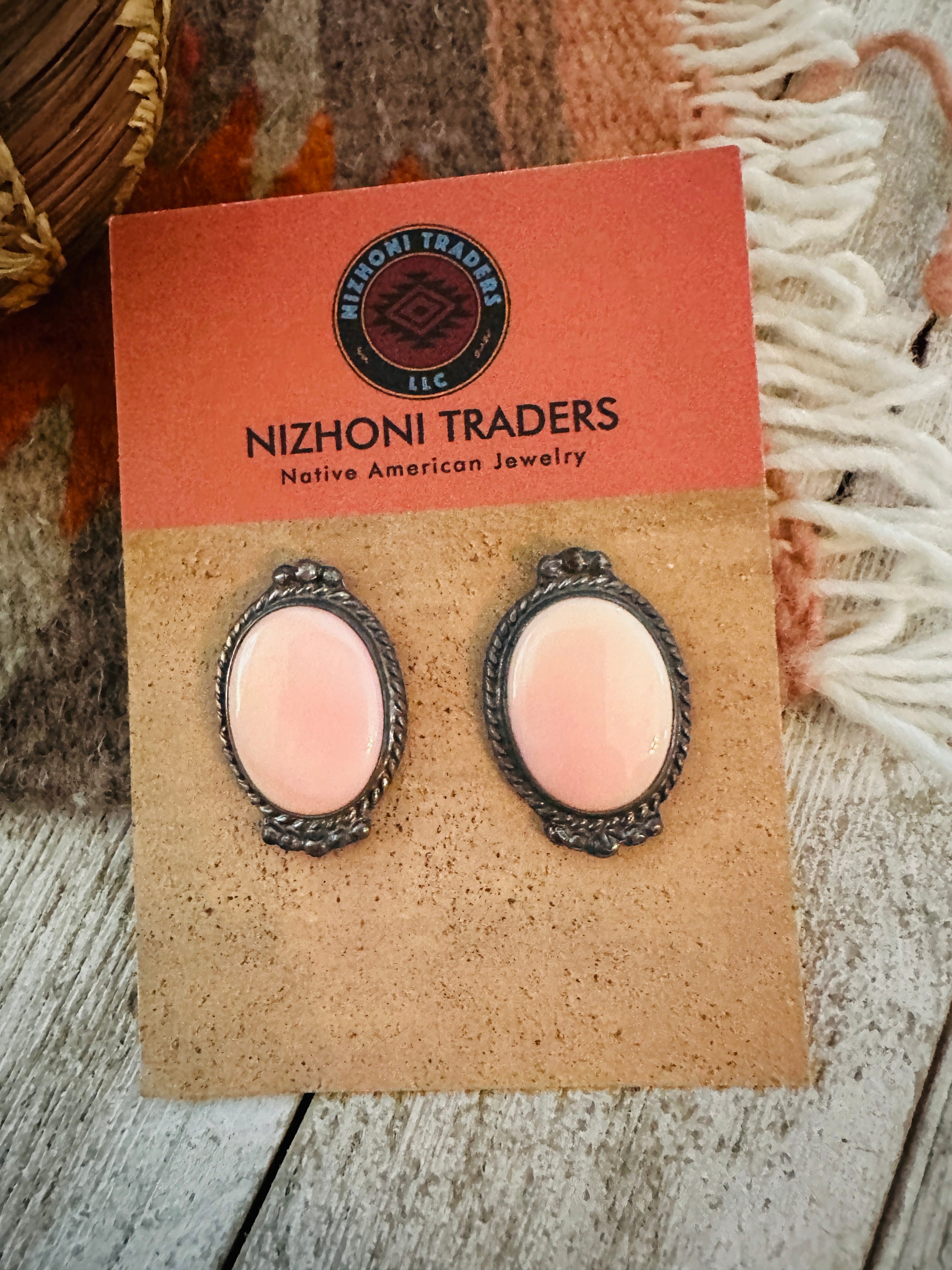 Navajo Sterling Silver & Queen Pink Conch Post Earrings