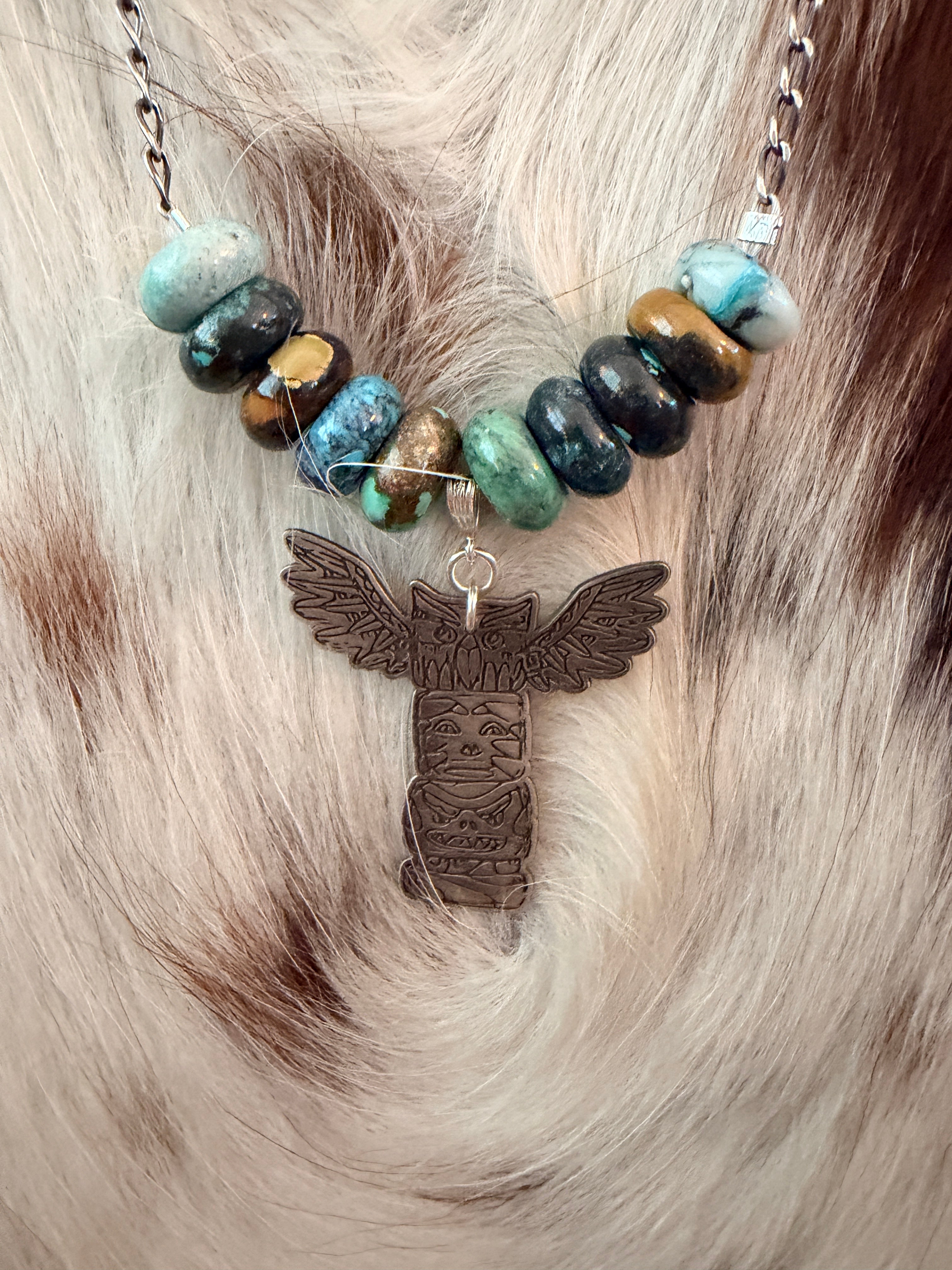 Handmade Sterling Silver & Turquoise Beaded Totem Pole Necklace